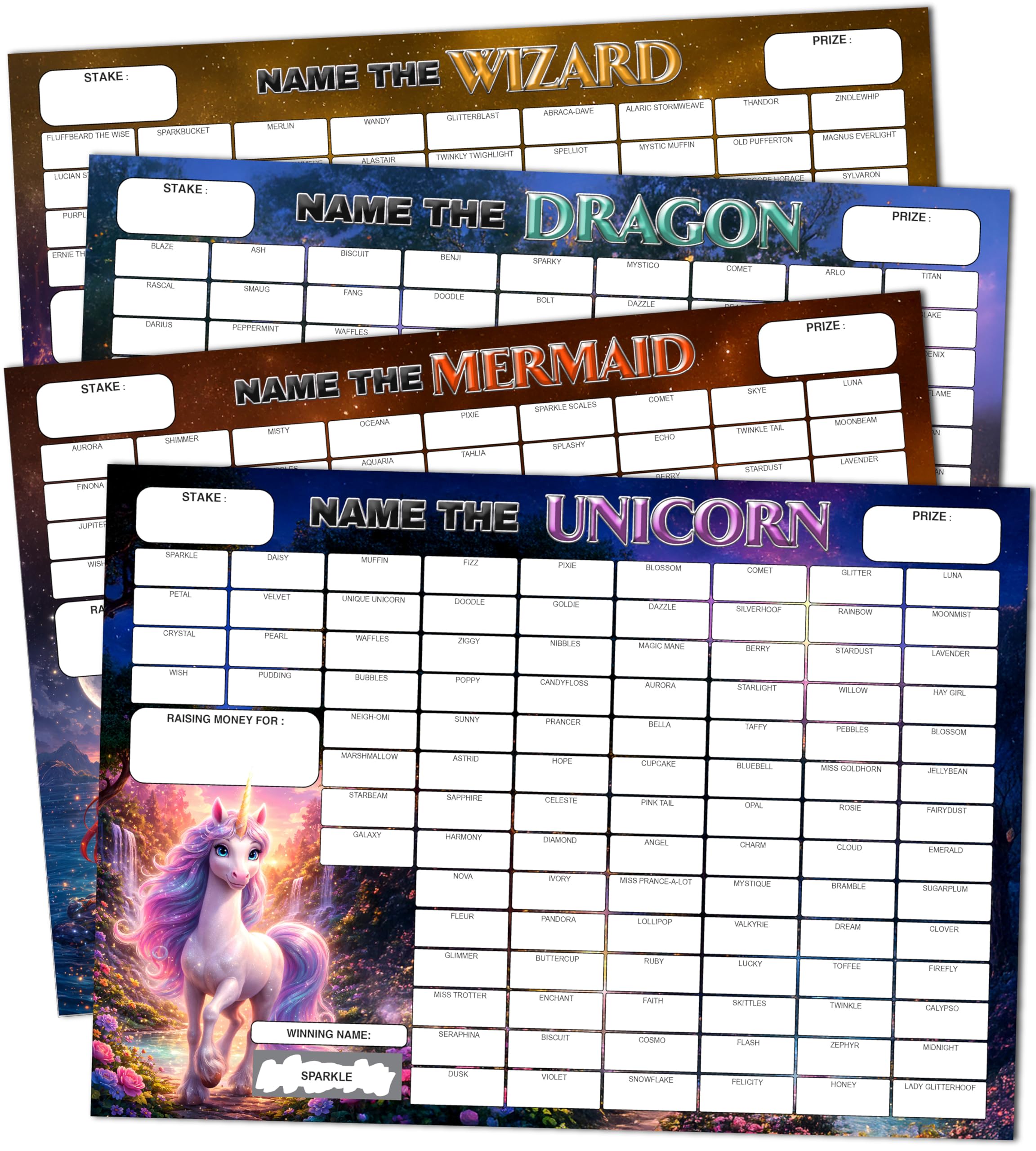 Pack of 4 Fantasy Themed Fundraising Scratch Cards - A4 Size - 100 Squares and Scratch Off Winner for Charity