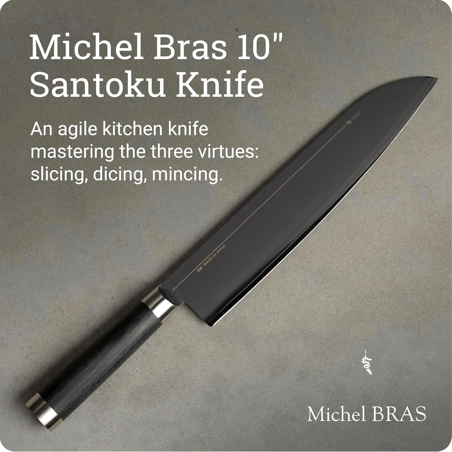 Michel BRAS No. 6 Santoku Knife, 10” Handcrafted All Purpose Knife, 3 Layer Stainless Steel Blade, Black Pakkawood Handle, Precision and Sharpness for Professional and Home Chefs