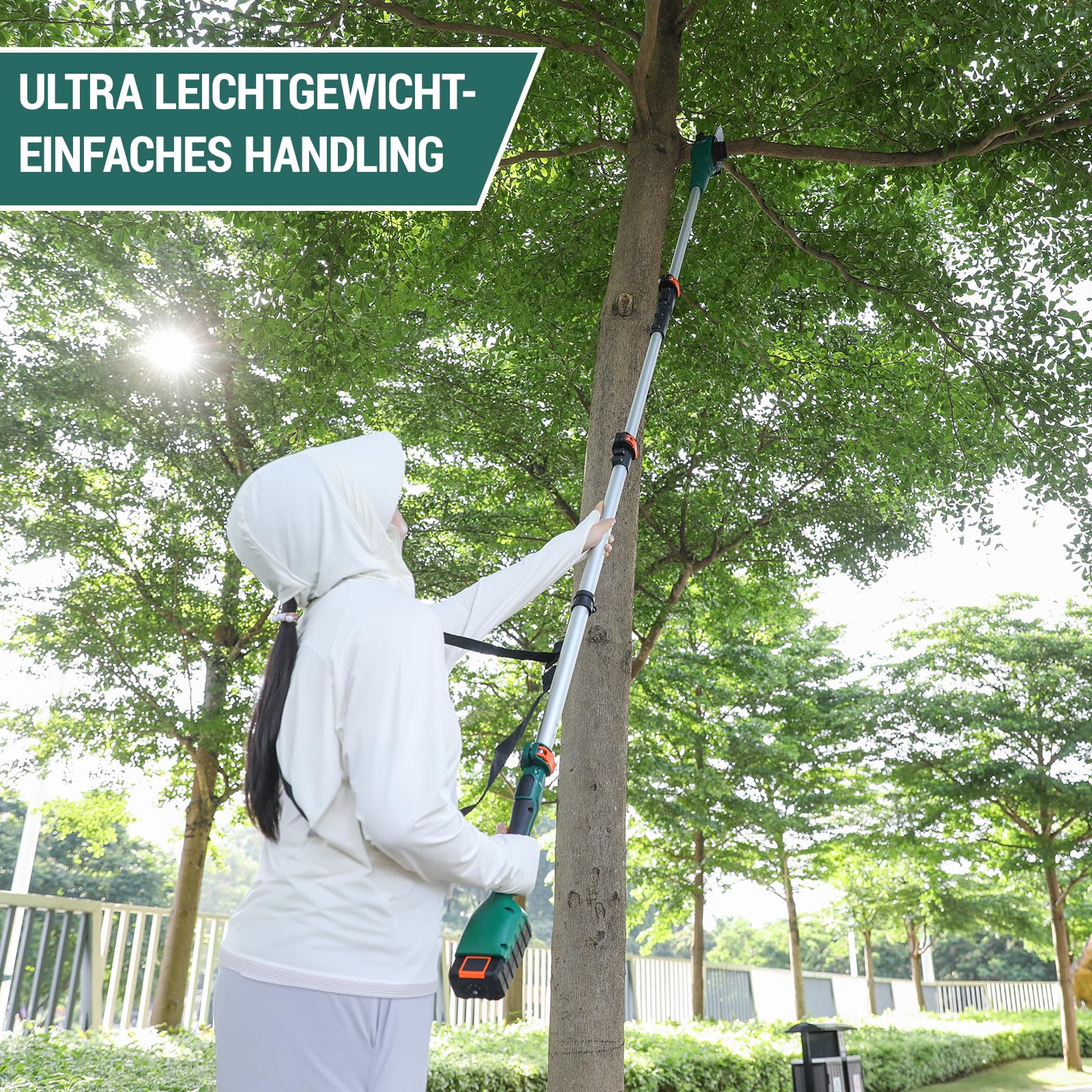 Hochentaster, Elektro Hochentaster, Elektro Teleskop Astsäge, mit 20V 2,5Ah Li-Ion Akku/Schnelles Ladegerät, 6 m/s Kettengeschwindigkeit, 24cm Schwertlänge, Aluminiumstange, Leicht