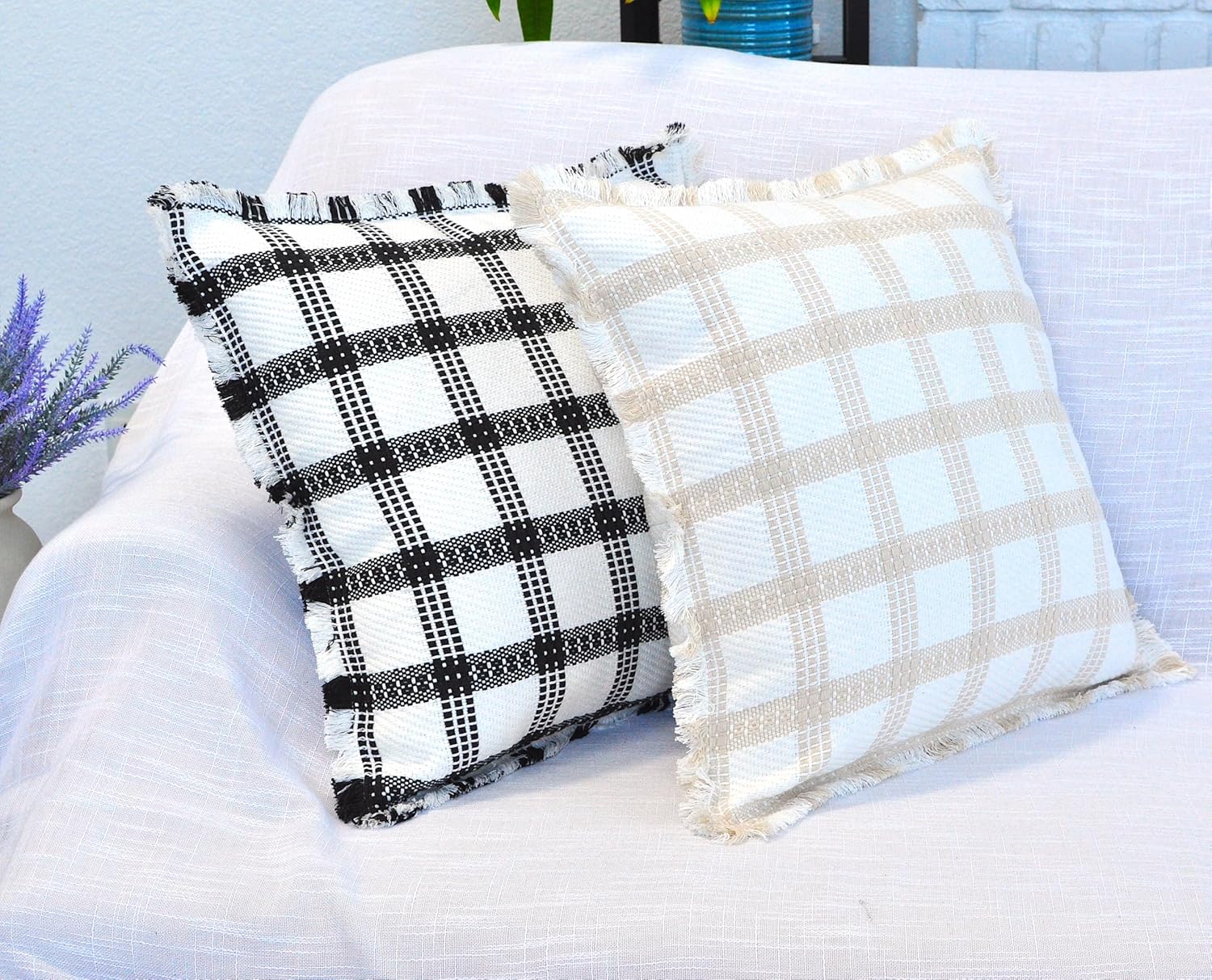 Checkered Throw Pillow Covers with Fringe Set of 2 Woven Cotton Plaid Cushion Covers with Tassels Trim Edge Square Pillow Cases Classic Scandinavian Cottagecore Checks Pattern Beige and White 18x18