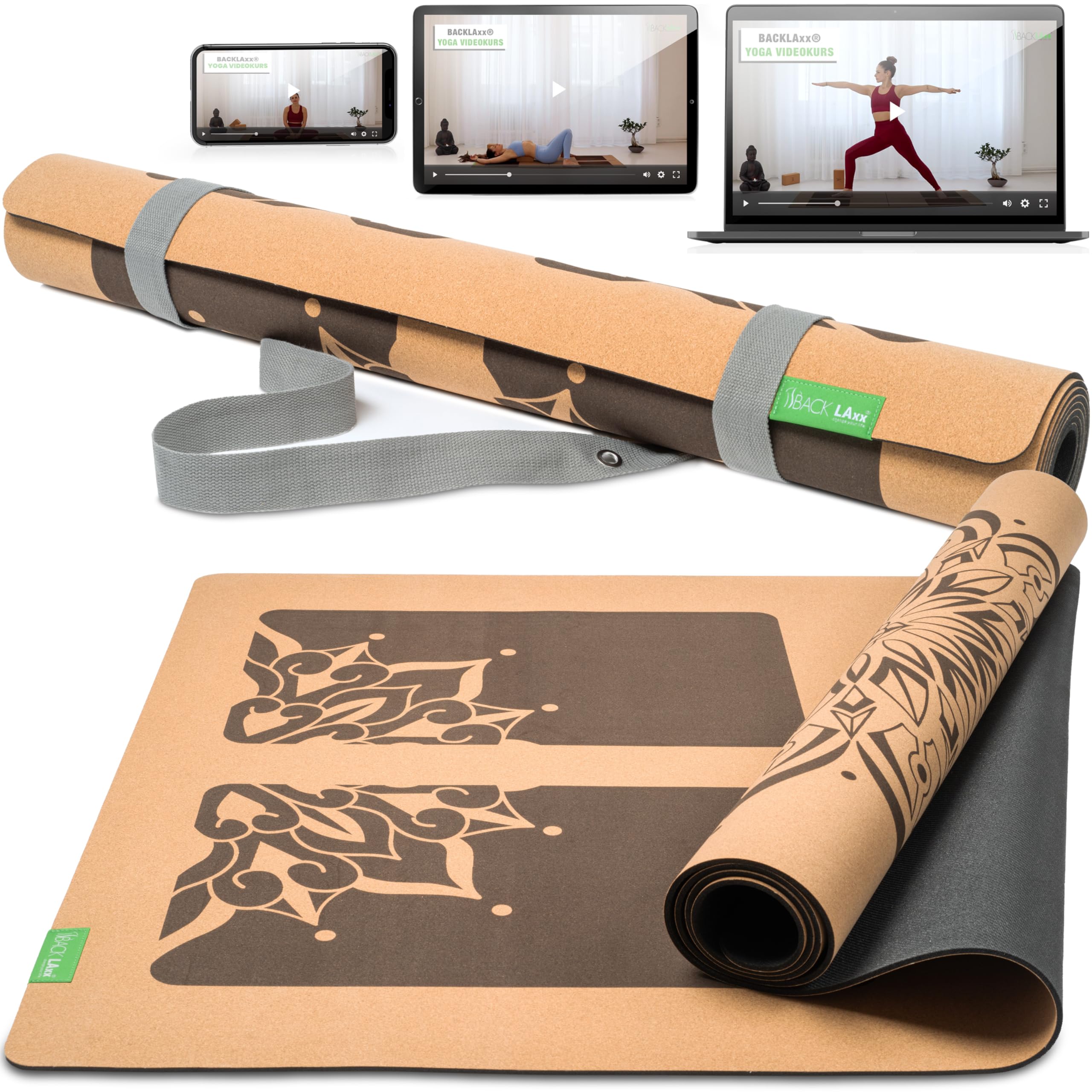 BACKLAXX ® Yogamatte Kork XXL [50% mehr Fläche] mit Naturkautschuk | Yoga-Matte rutschfest | nachhaltige Yogamatten | Fitnessmatte mit Anti-Rutsch-Zonen | inkl. Tragegurt
