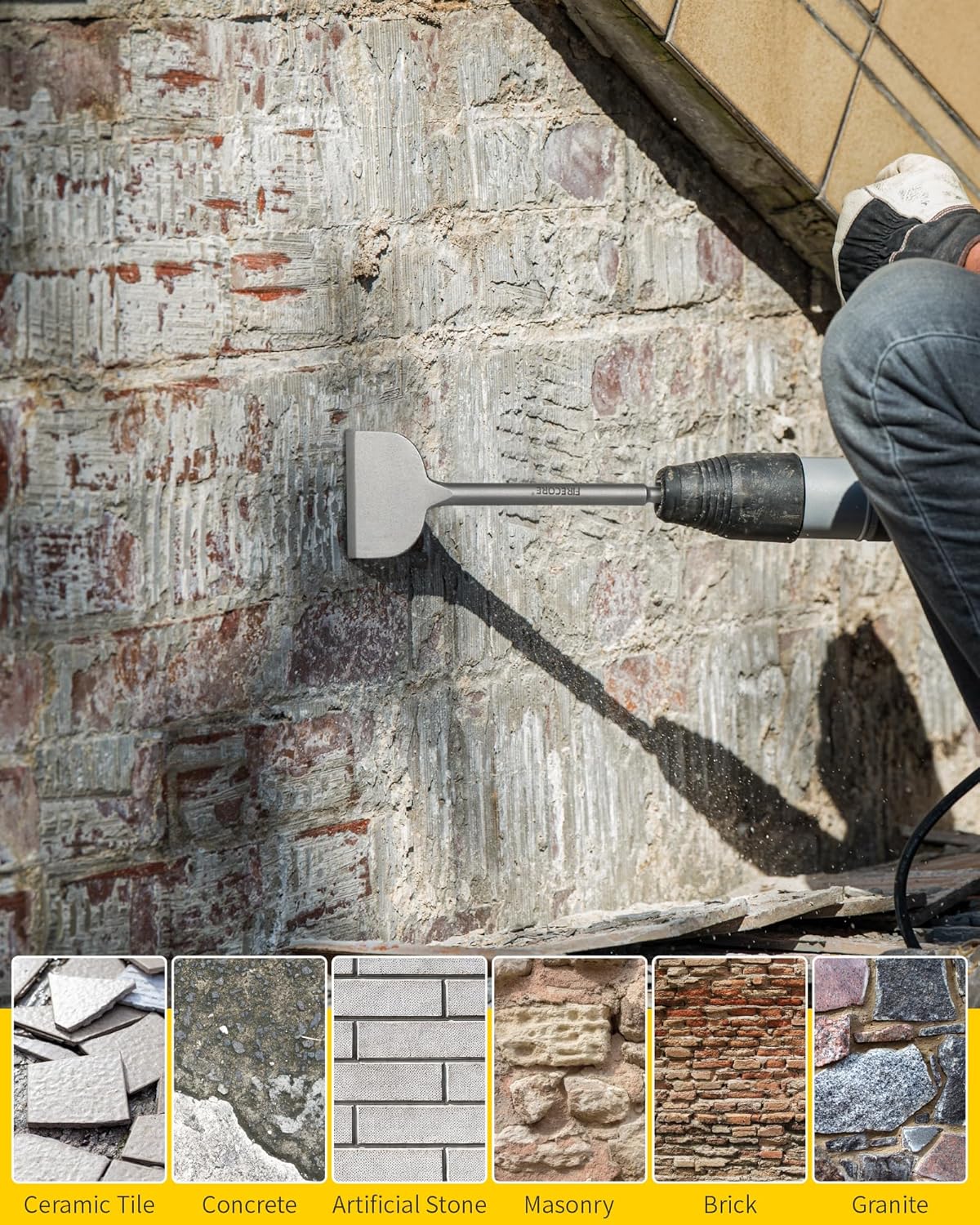 Firecore SDS Plus Floor Scraper 5 Inch x 11 Inch Tile Removal Chisel Tool, 4pcs SDS Chisel Set Alloy Steel Shovel for Demolition Chipping Grooving Scaling Removing Cement Thinset Mortar Vinyl