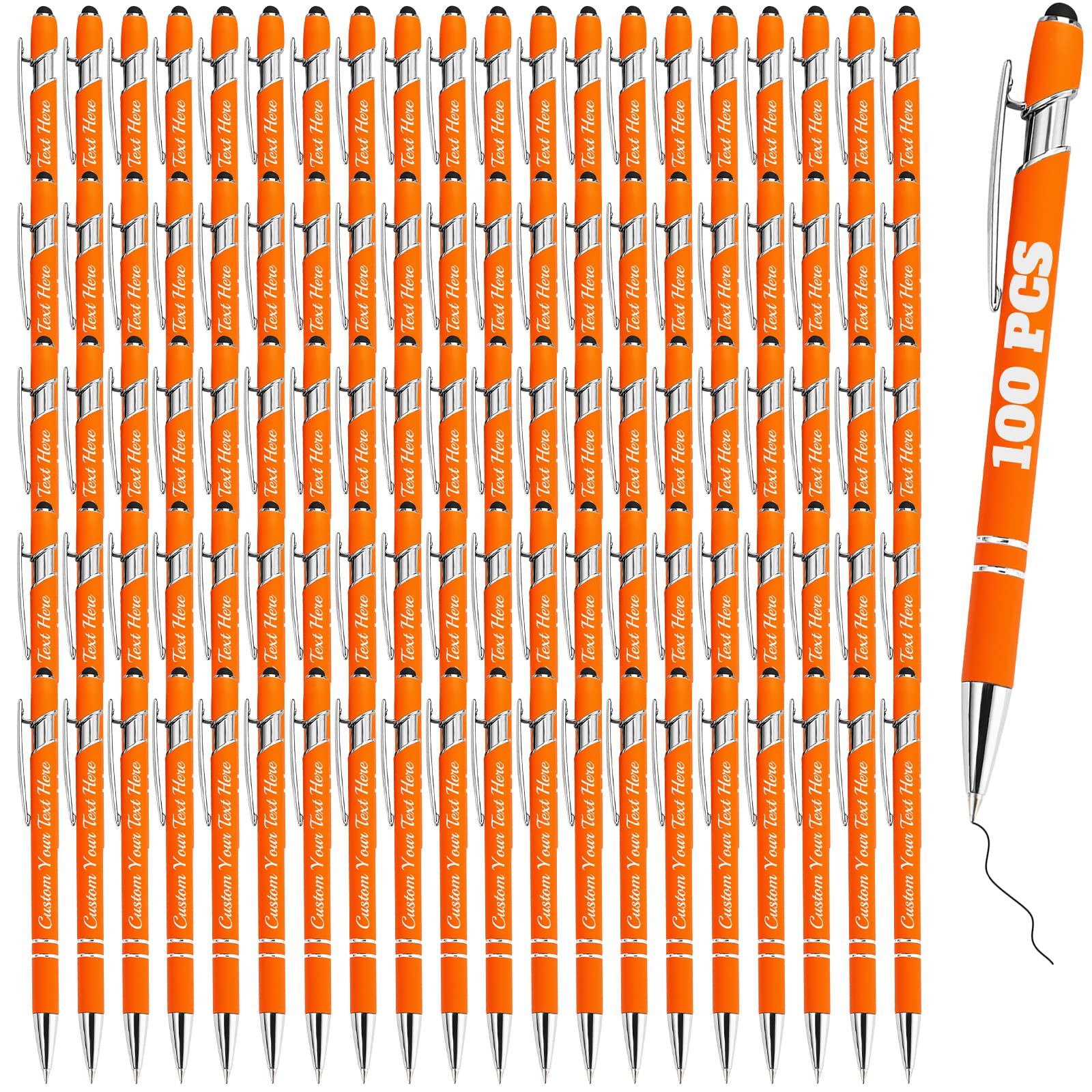 Personalised Pens Bulk 100 with Name Custom Engraving Ballpoint Pens with Stylus Tip Customised Smooth Writing Pens Personalised Gifts for Anniversary Birthday or Graduation(Orange,Black Ink)