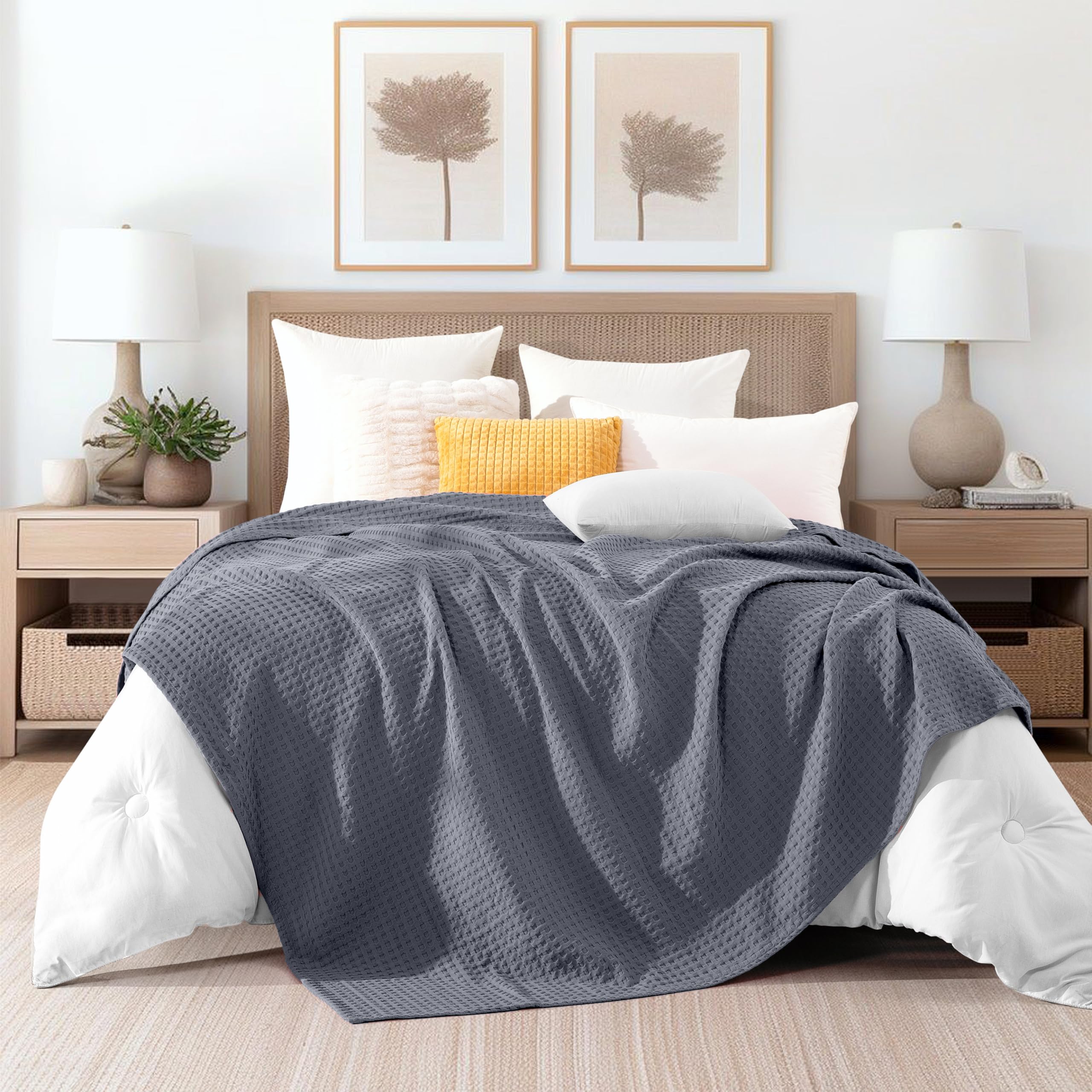 Elegant Comfort 100% Cotton Waffle Weave Blanket - Full Size 88x88 Inches, Lightweight & Breathable For All Seasons, Gray