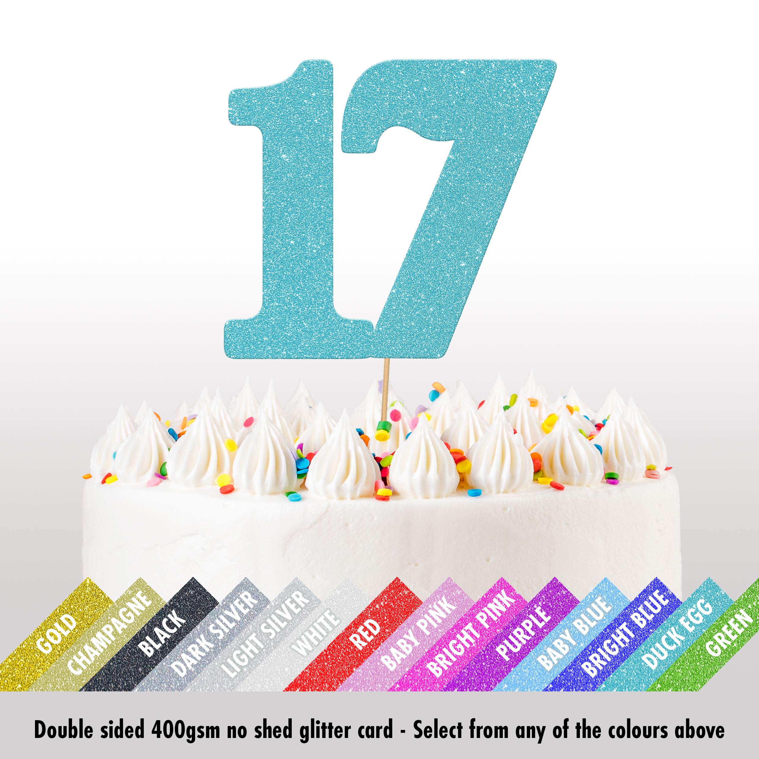 Decorazione Per Torta 17° Compleanno Con Glitter – Topper Doppia Faccia In Carta 400g/m², Con Spiedini, Colore Argento Chiaro