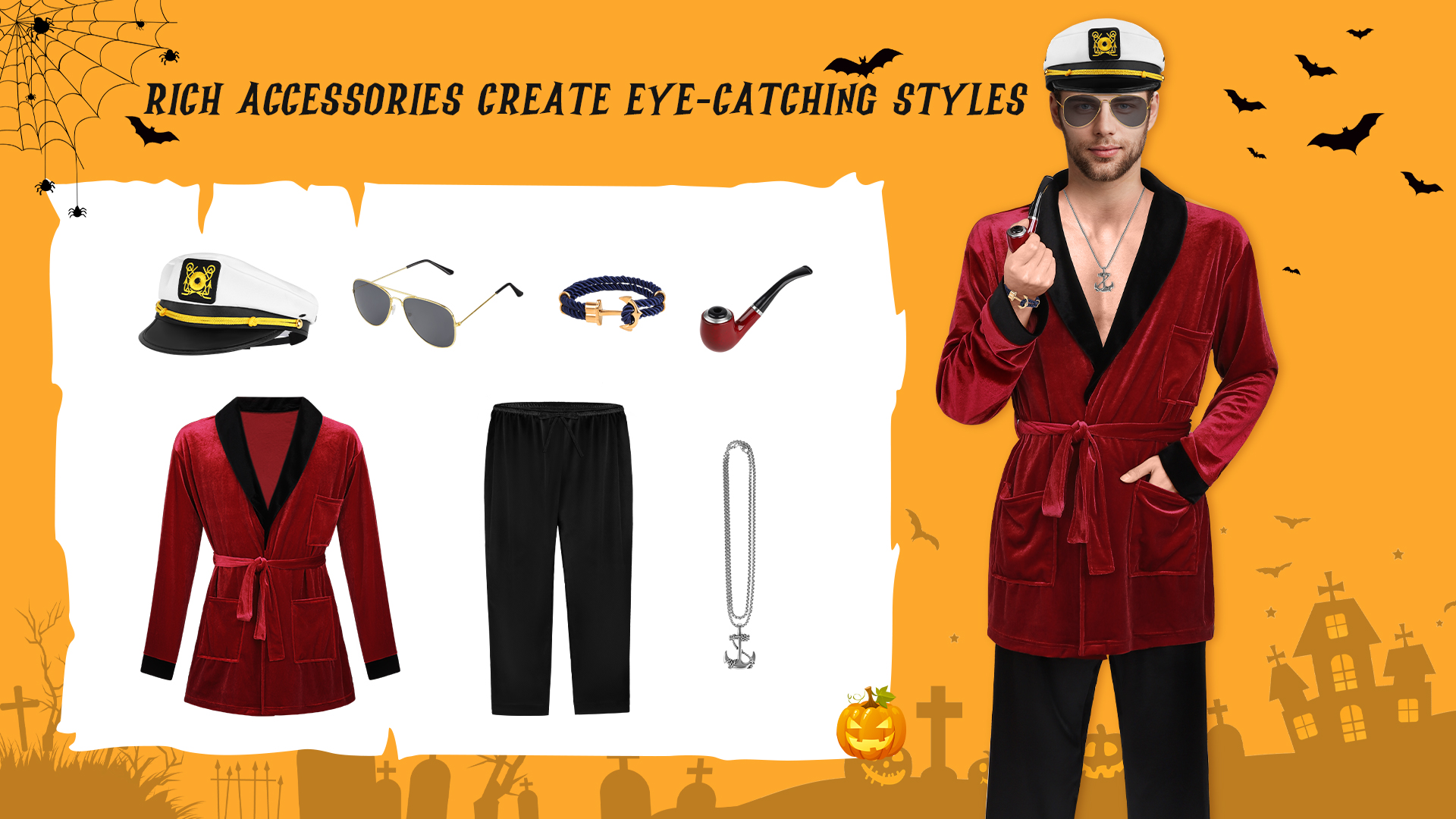 Amazon.com: SOMSOC Halloween Red Silk Robe Jacket with Captain Hat