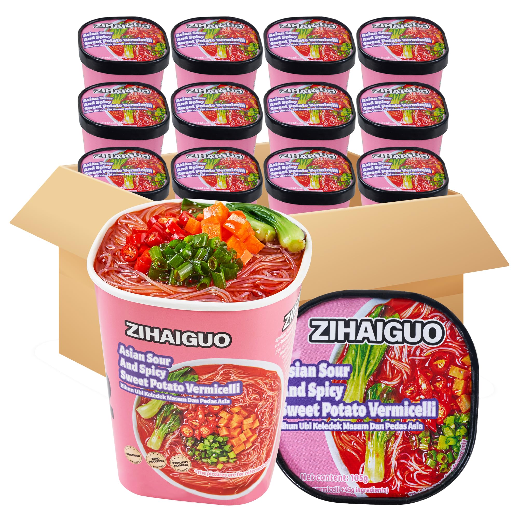 ZIHAIGUOAuthentic Chongqing Hot and Sour Rice Noodles,Instant Ramen with Chili Oil, Spicy Chili Oil Instant Sweet Potato Noodles,Vinegar Flavor,Spicy and Tangy Flavor,酸辣粉,(Pack of 12)