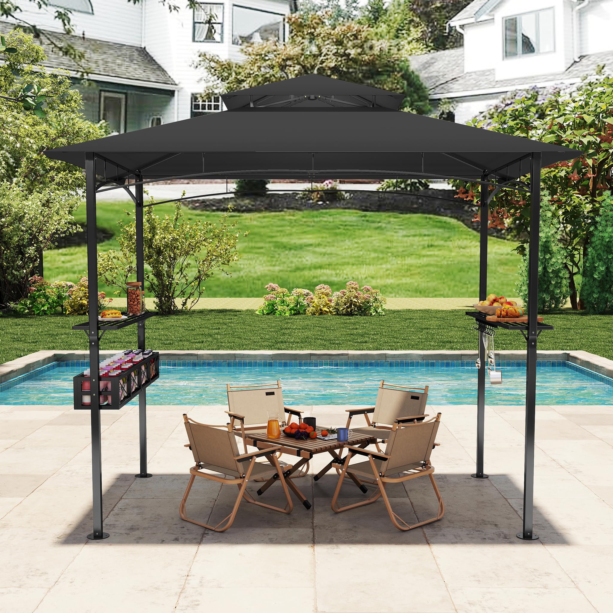 UISEBRT Gazebo per barbecue resistente all'inverno con telaio in metallo e tetto in poliestere, 245 x 153 x 250 cm, protezione da pioggia e sole, include cestino portaoggetti, gazebo per