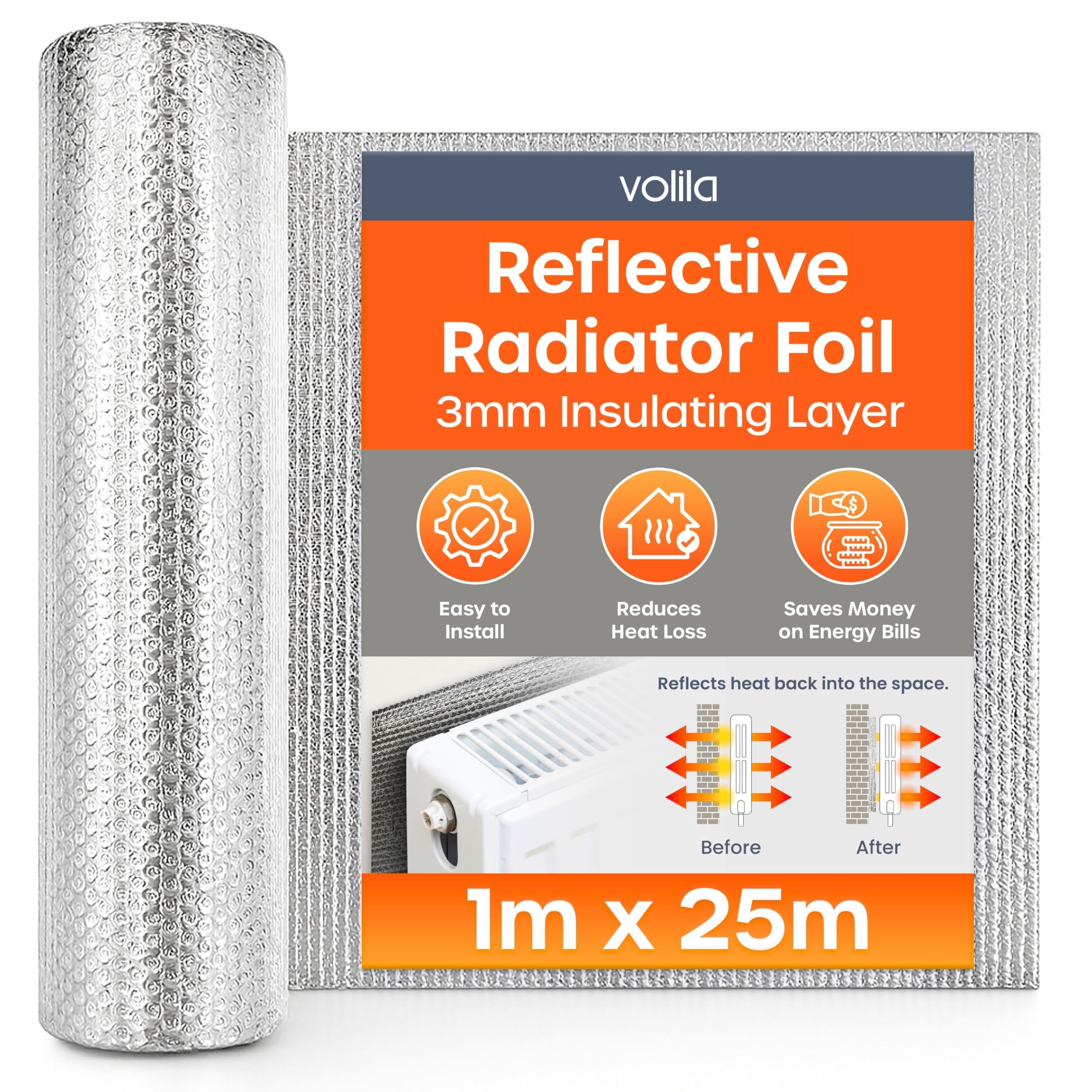 Radiator Foil Insulation Roll 1m x 25m - 1 Pack Radiator Reflector Panels for Enhance Heat Efficiency - Energy Saving Radiator Heat Deflector for Home Heating