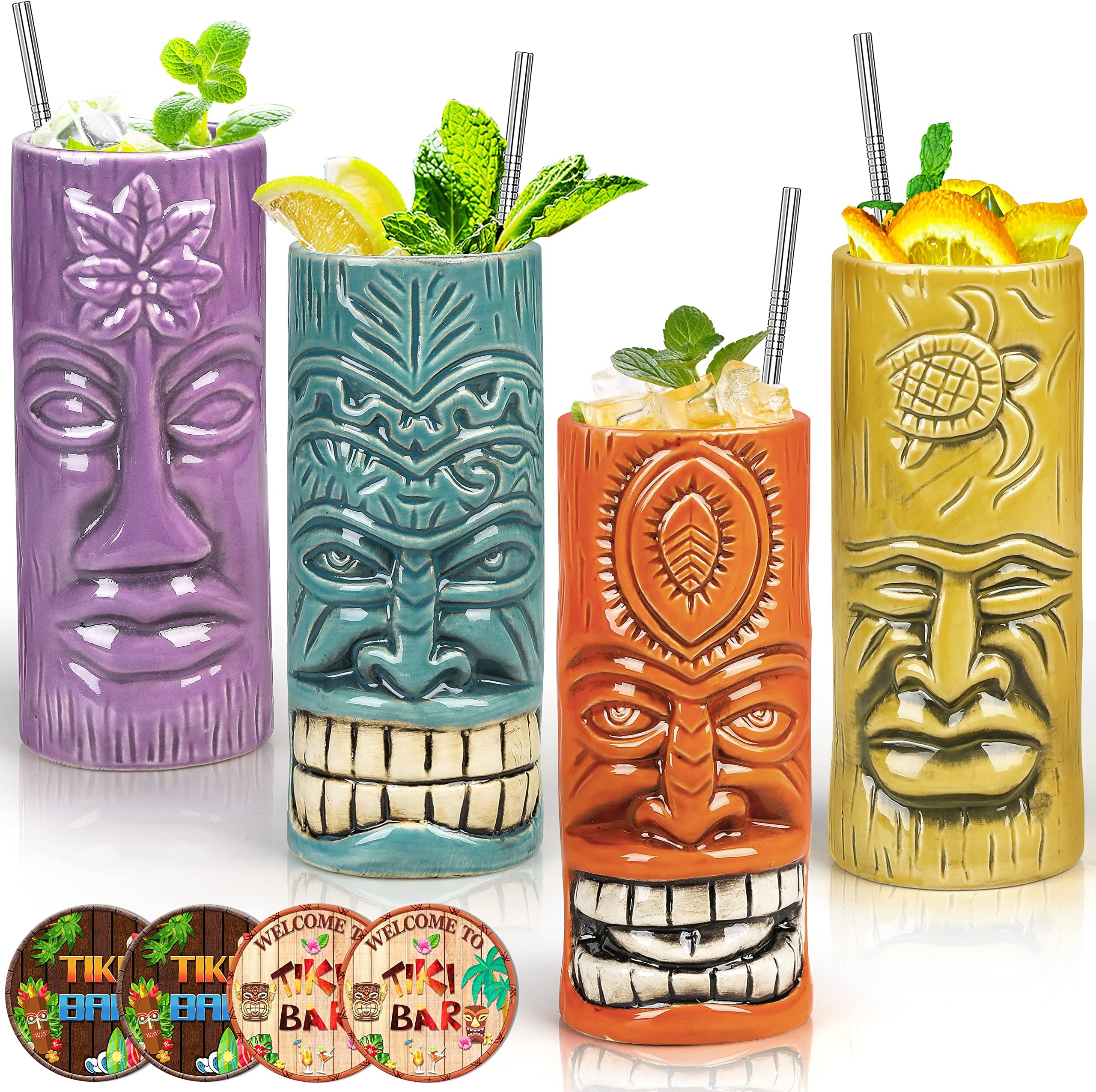 Amazon.com: USEEKRIL Tiki Mugs For Cocktail Set Of 4 - Ceramic Tiki ...
