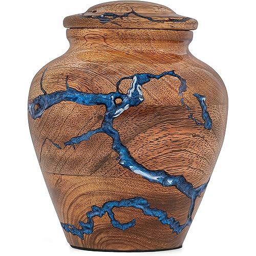Unique Wooden Urn for Human Ashes Adult Male & Female – Blue Epoxy Resin Handmade Cremation Urn | Decorative Burial & Funeral Urn for Men & Women with Secure Lid & Protective Base (Keepsake, 25 Cu/In)