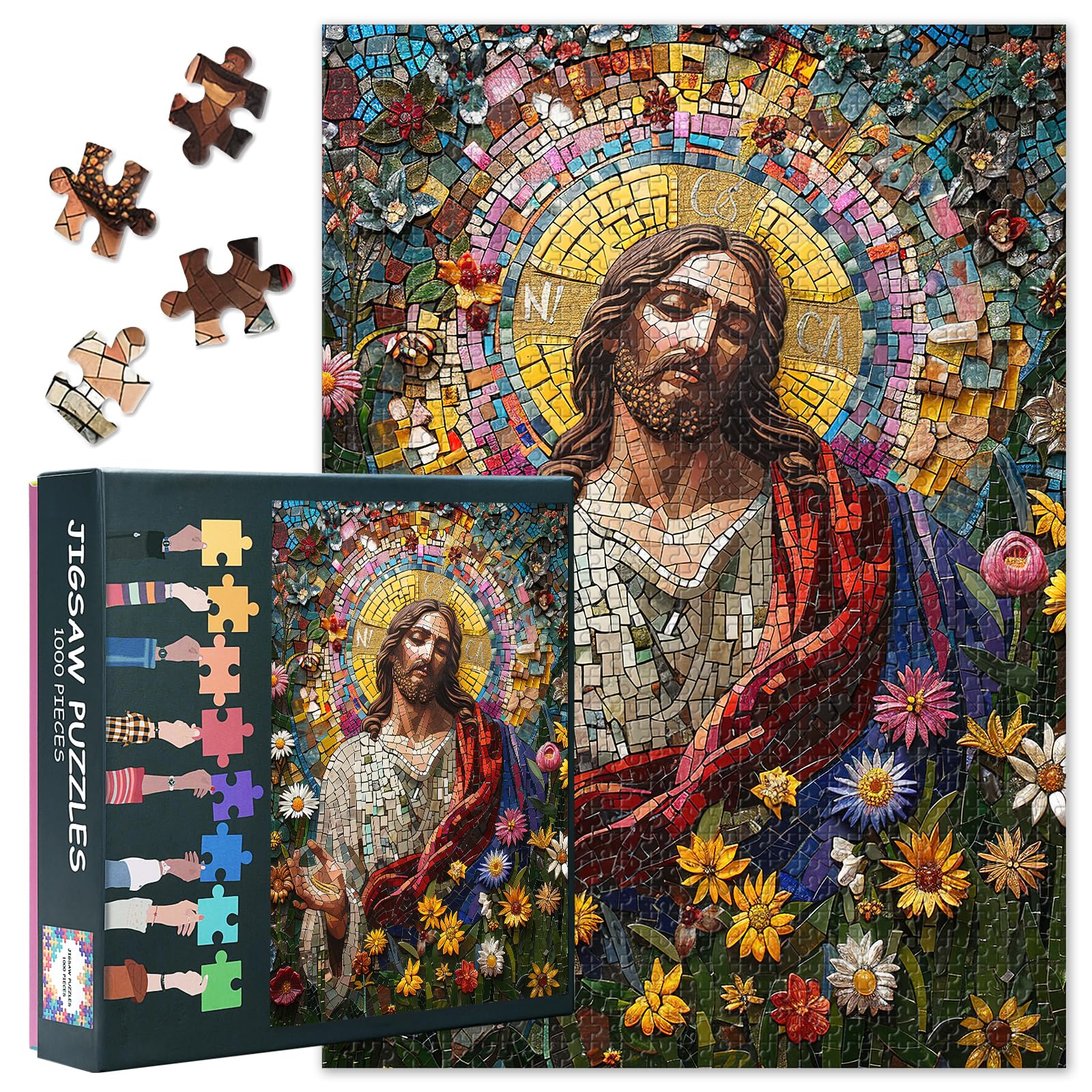 Paper Puzzle 1000 Pieces, Jesus with Flowers Cross Jigsaw Puzzle, Christian Jigsaw Puzzles for Adults, Religious Peaceful Faith Puzzles as Home Decor, Family Game (50.5x70.5cm)