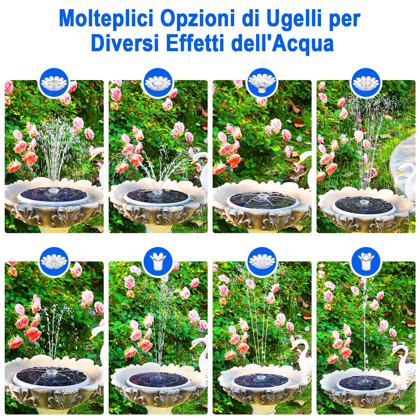 AISITIN 6,5 ​​W LED Fontana Solare per Esterni Migliorata con Batteria da 3300 mAh, Pompa per Fontana con Vari Effetti di Spruzzo, con Barra Luminosa, Fontana Solare per Esterni per Giardino, Laghetto