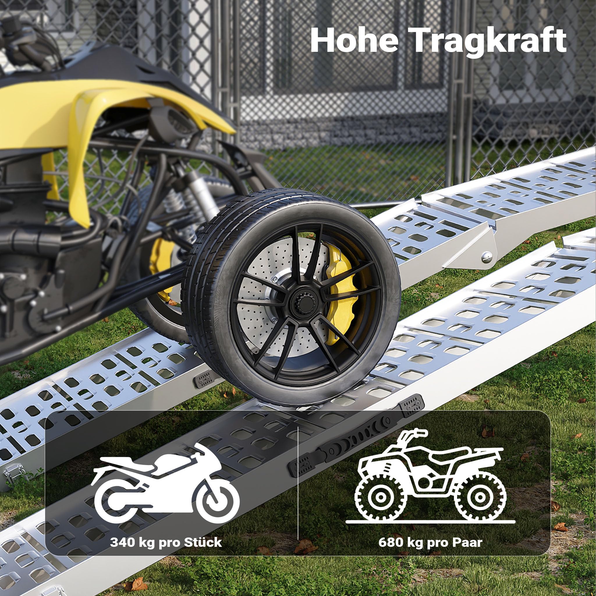Wiltec Rampe de Chargement Pliable 2260 x 295 mm – capacité de Charge Max. 340 kg – en Aluminium – Profil à Trous – Rampe d'accès Utilitaire Moto ATV Quad remorque