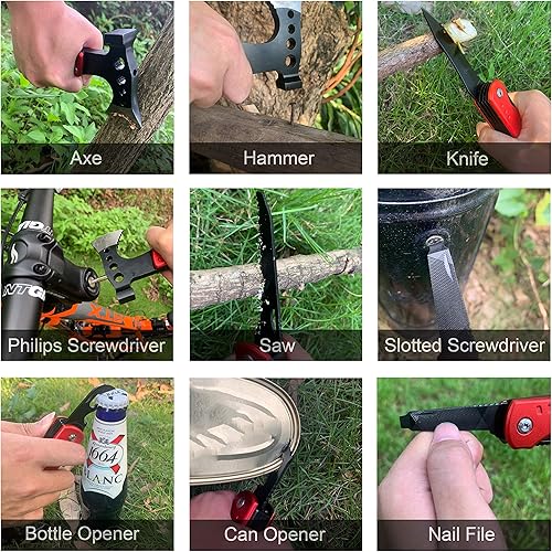 Miniatura 6 de RoverTac Hacha multiherramienta 11 en 1 – Equipo de camping con cuchillo, martillo, sierra, abridor de botellas, destornilladores – Herramienta