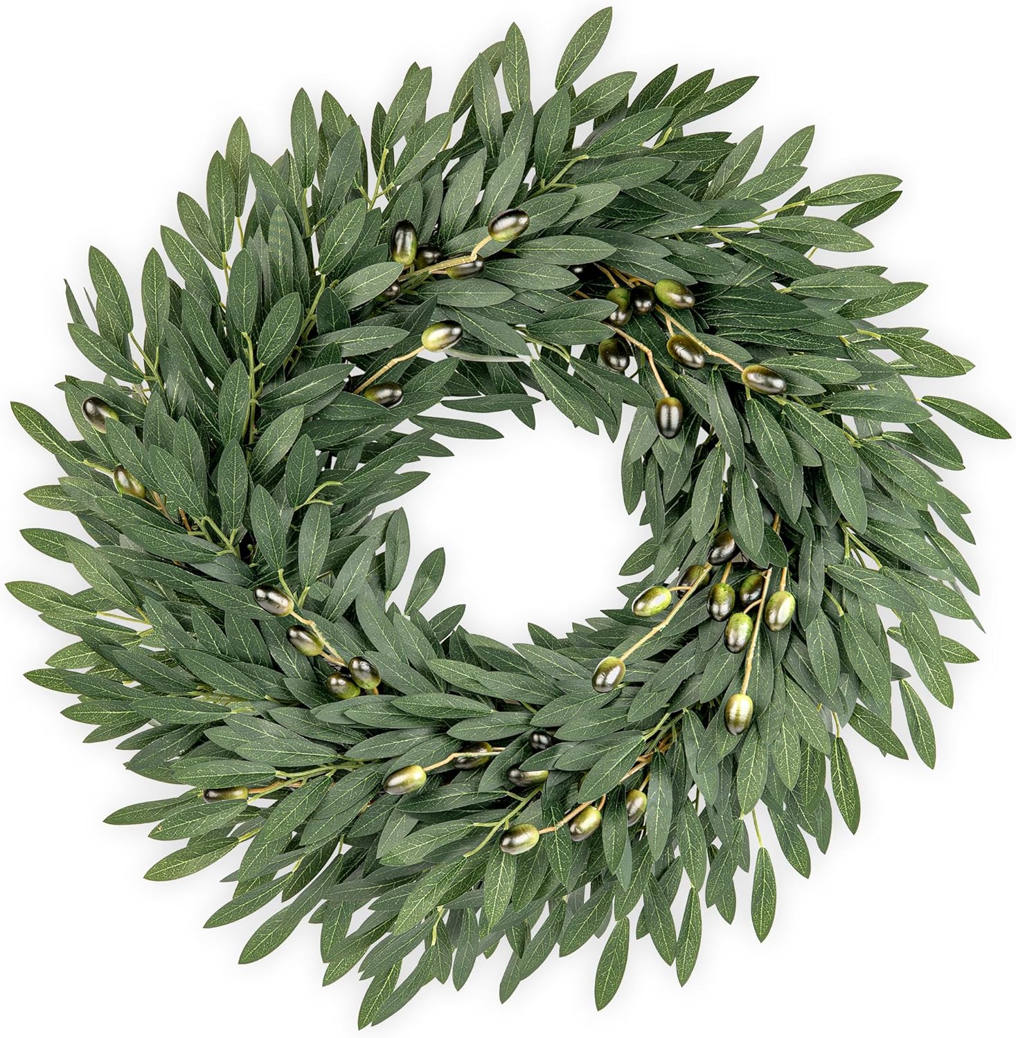 24 Inch Olive Wreath for Front Door, Spring Summer Wreaths for Front Door with Faux Grapevine Base, Artificial Greenery Wreath for Year Round Farmhouse Porch Wall Window Decor