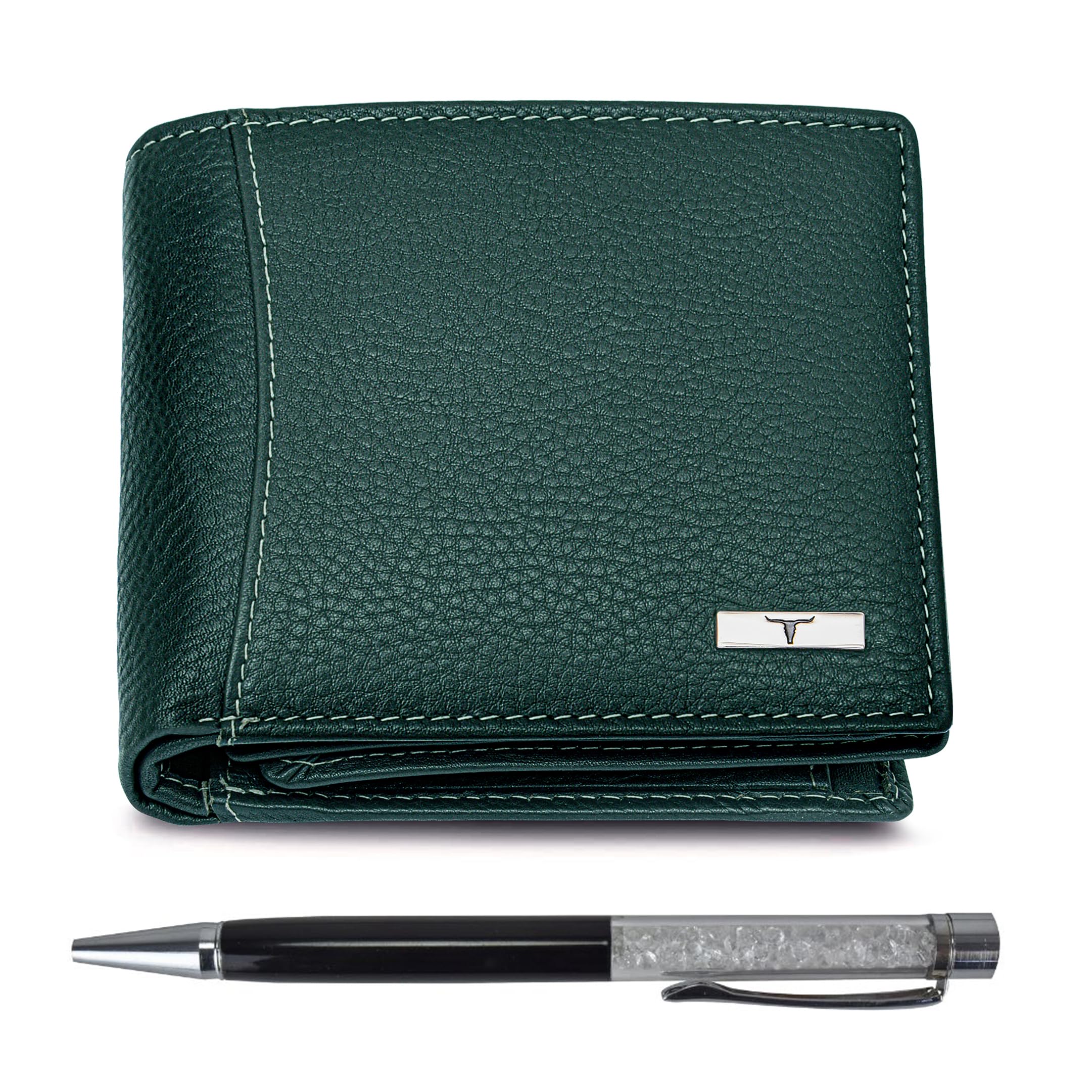 URBAN FOREST Ollin Nappa Green Leather Wallet & Diamond Pen Combo Gift Set for Men