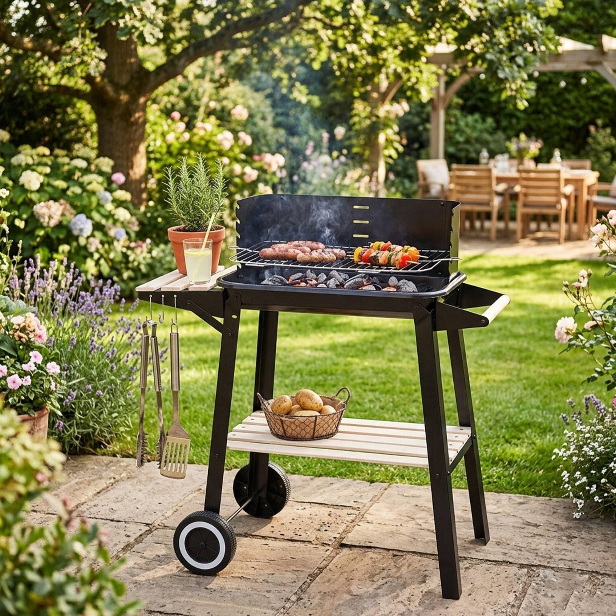 Well Home Barbacoa de Carbón Rectangular con Estantes de Madera FSC con Parrilla Cromada 45x24 cm - Barbacoa de Jardín con Cortavientos y Ruedas