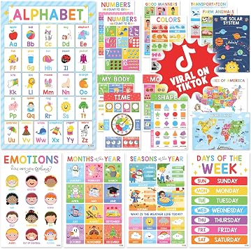 BEAWART 18 Laminated Educational Posters For Toddlers, Preschool Posters for Classroom, Kindergarten Wall Decor, PreK Learning Materials Alphabet Number Chart