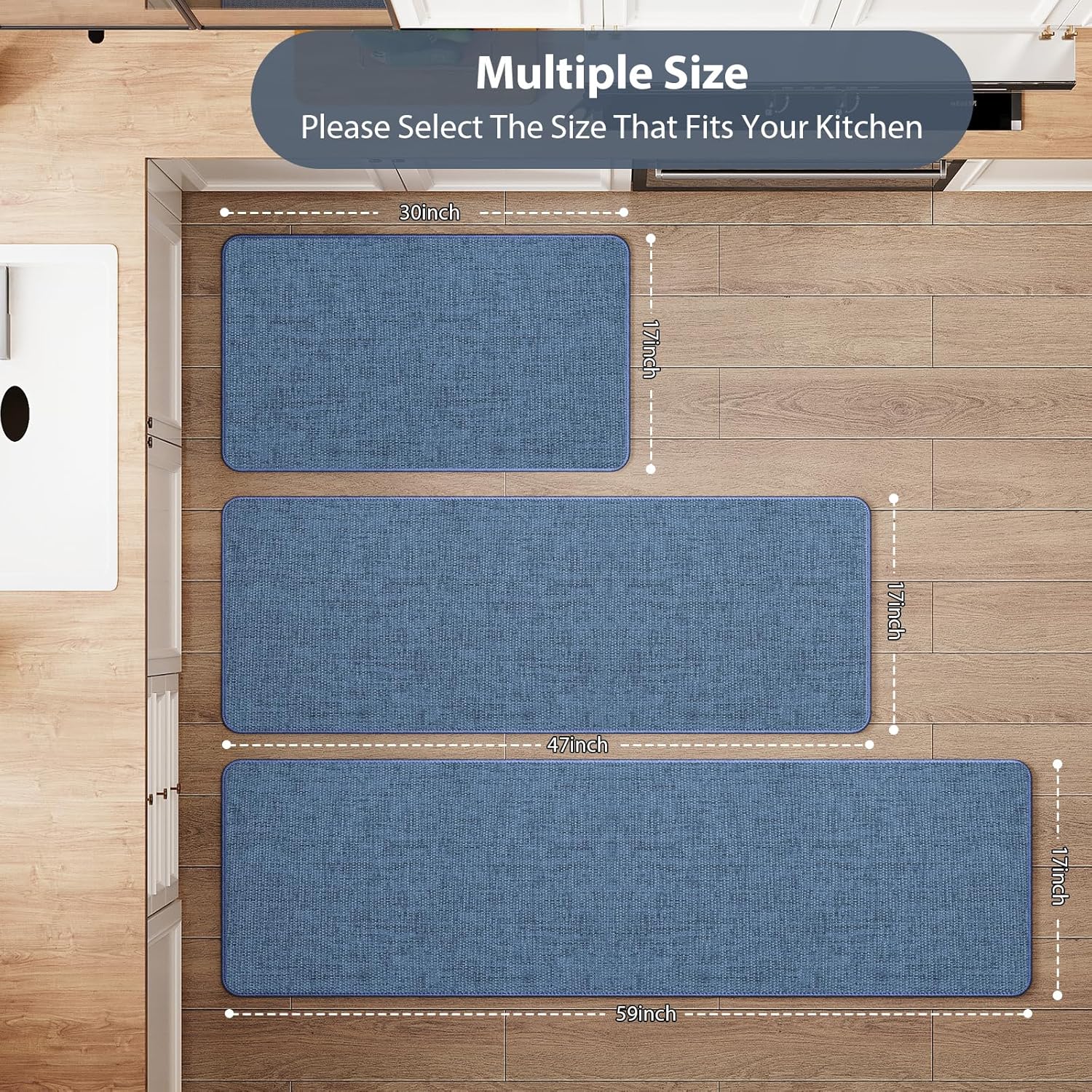 Non Slip Kitchen Runner Rugs Mat Washable Linen-Like Thin Kitchen Mats for Floor, Rubber Backing Absorbent Stain Resistant Standing Floor Mat Front of Sink Laundry, Easy Clean, Blue 17"x59"