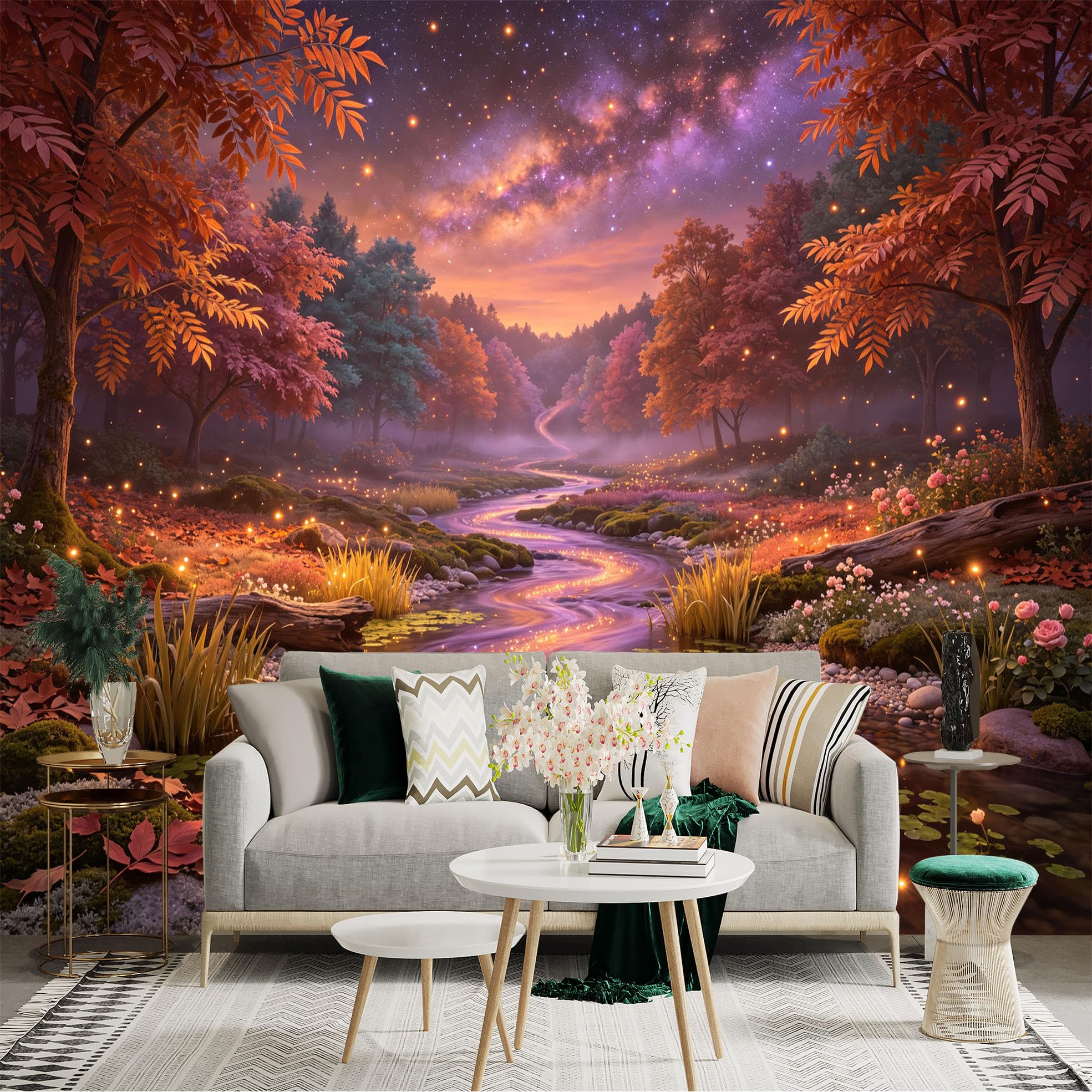 Custom Size Wall Sticker Mural， Enchanted Autumn Forest with Glowing Stream， Milky Way Starry Night， for wall Decoration， peelandstick wall Decals.