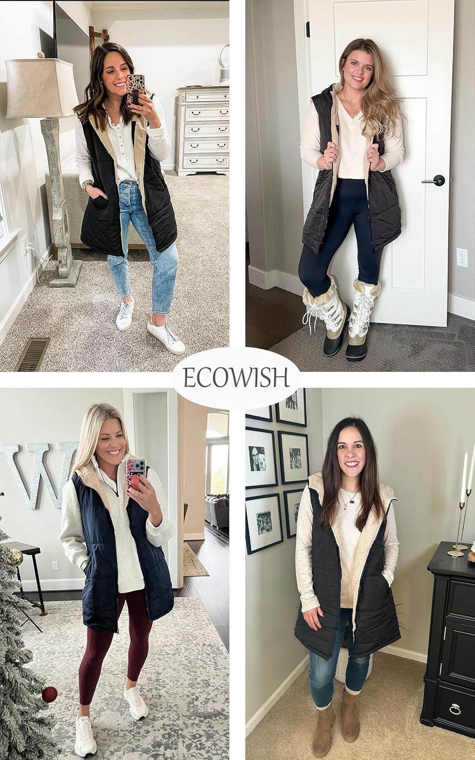 ECOWISH Women Long Puffer Vest: Fall Zip up Reversible Fleece Jacket 2025 Winter Warm Sleeveless Hooded Coat with Pockets - Image 5