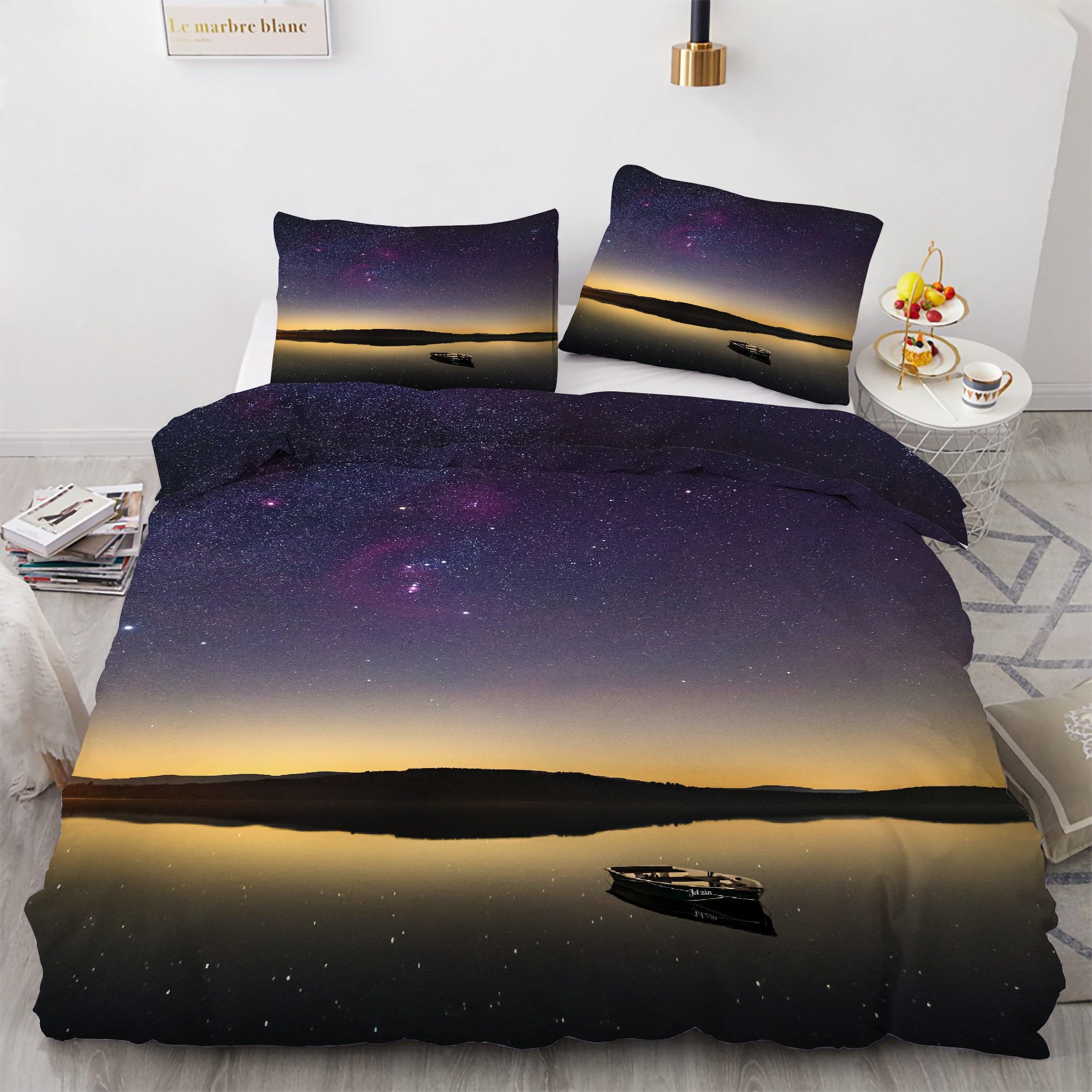 Housse de couette 200x200 bateau et ciel étoilé en microfibre avec 2 taies d'oreiller