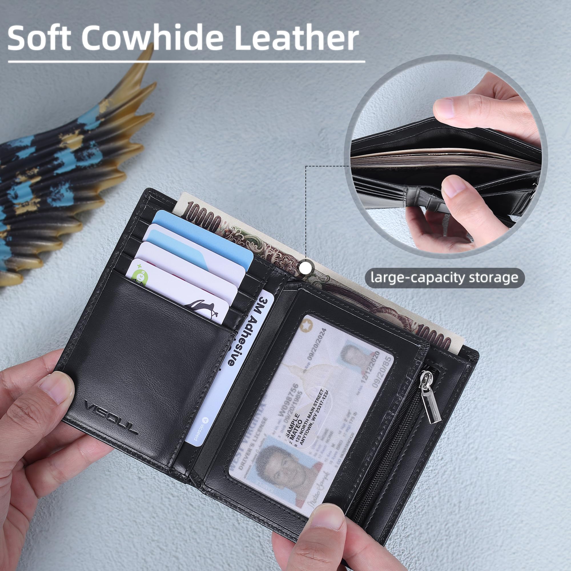 VISOUL Cartera de Piel Auténtica para Hombre con Protección RFID, Billetera Bifold Vertical de Piel, Monedero Cuero con Cremallera, 11 Ranuras para Tarjetas y 1 Compartimento para Billetes-Negro