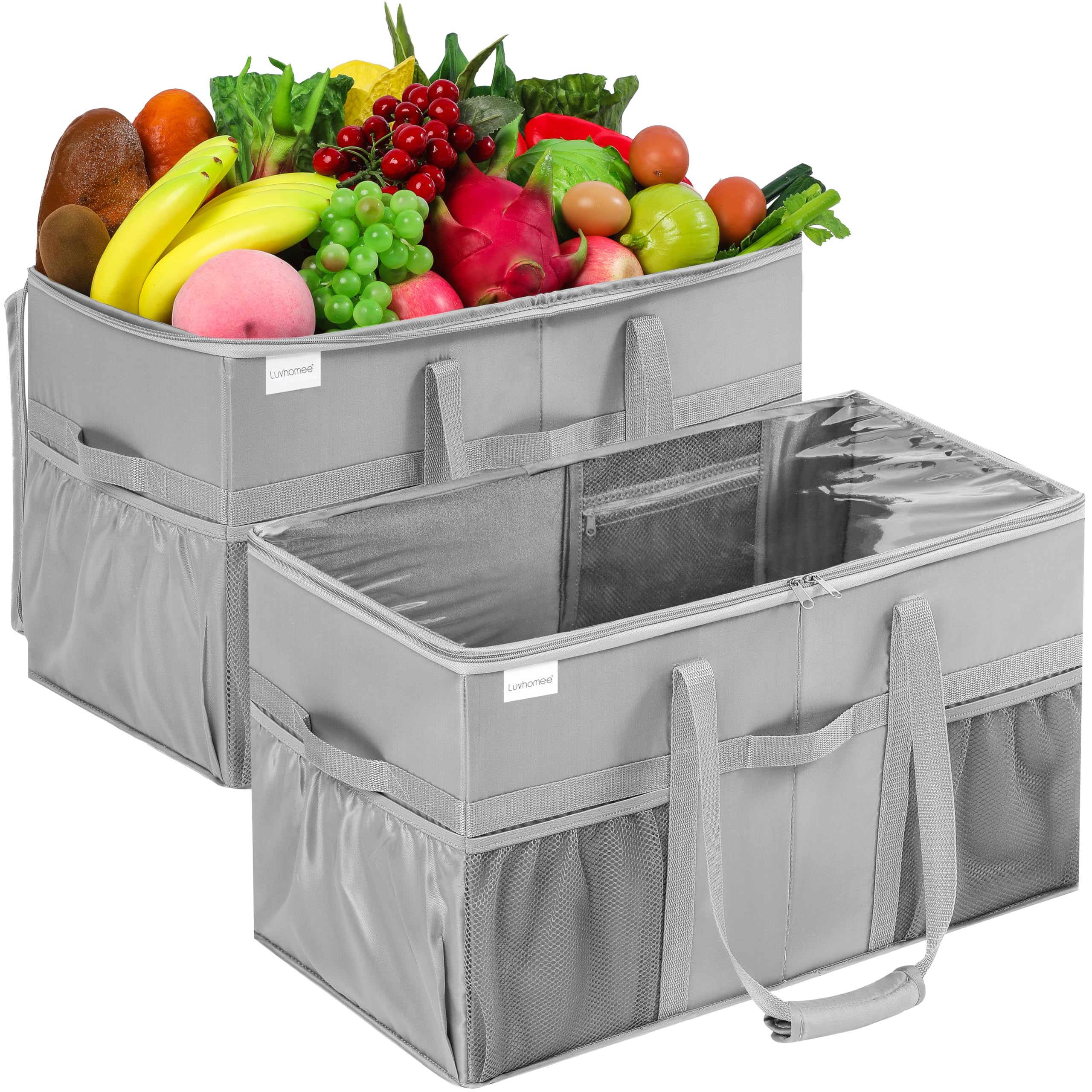 Extra Large Utility Tote Bag, 2 Pack Reusable Grocery Bags Heavy Duty, Sturdy Structured Tote Bag with Pockets & Handles, Foldable Shopping Bags for Groceries, Collapsible Totes with Lids 22x11.5x13in