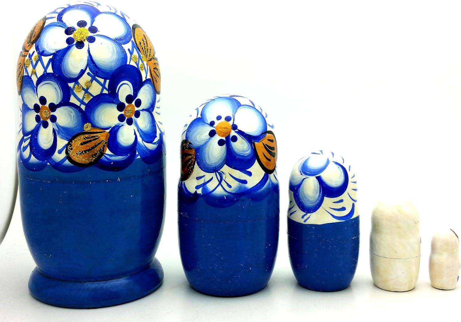 Blue Nesting Dolls Matryoshka Gzhel Style Hand Painted Stacking Doll 5 inch Tall Set