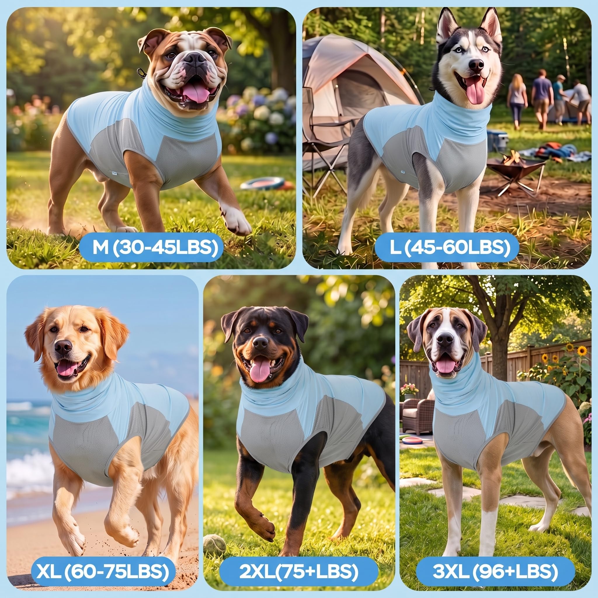 LovinPet Chemise solaire UPF 150+ pour chien, sans manches, col haut, protection UV, vêtements pour grandes races, gilet d'extérieur léger à séchage rapide avec panneau ventral respirant, bleu clair