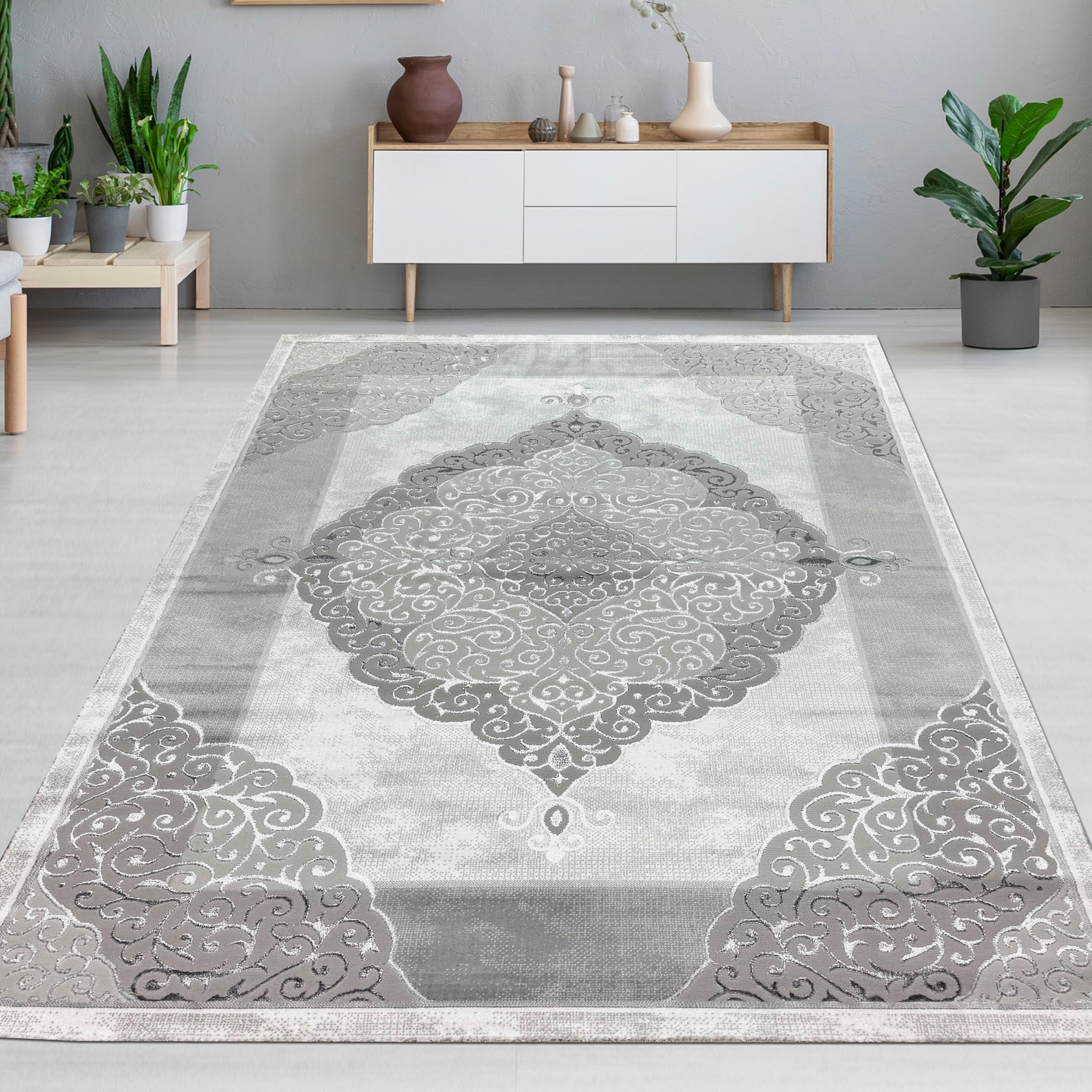 Designerski dywan dywan do salonu ornamenty barokowe kremowo-szary rozmiar 160 x 230 cm