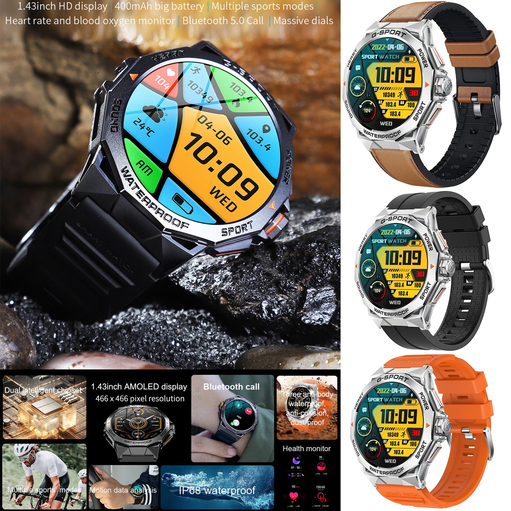 Reloj Inteligente Hombre con Llamadas, 1,43” AMOLED Smartwatch 5ATM Reloj Deportivo con 123 Modos Deportivos, Pulsera Actividad Pulsómetro/Monitor de Sueño/Podómetro para Android iOS (Plata)