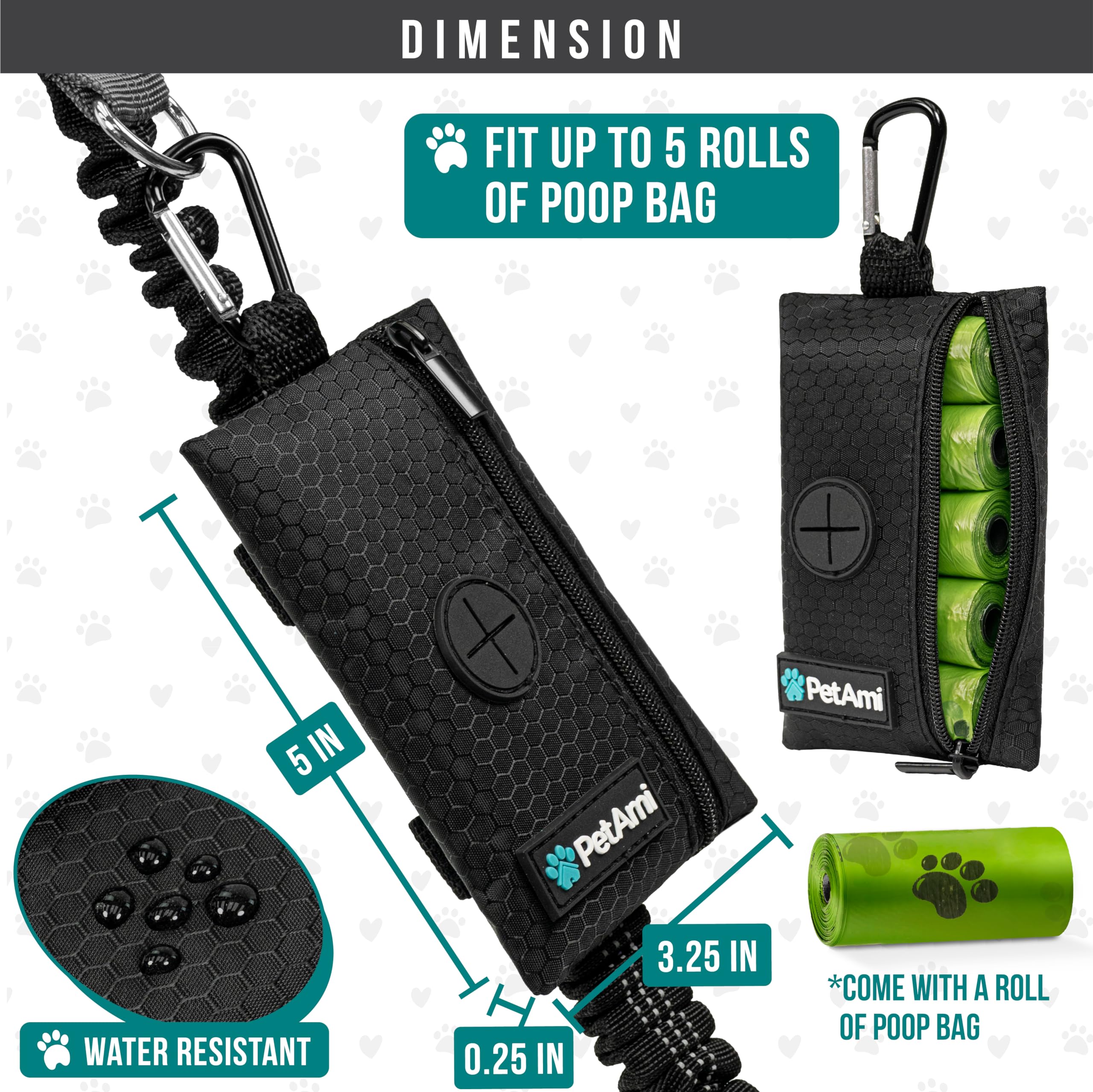 PetAmi Soporte para bolsas de excremento de perro para correa, dispensador de bolsas de basura para perros con clip para cachorros, accesorios para caminar, viajes, camping, bolsa de golosinas para