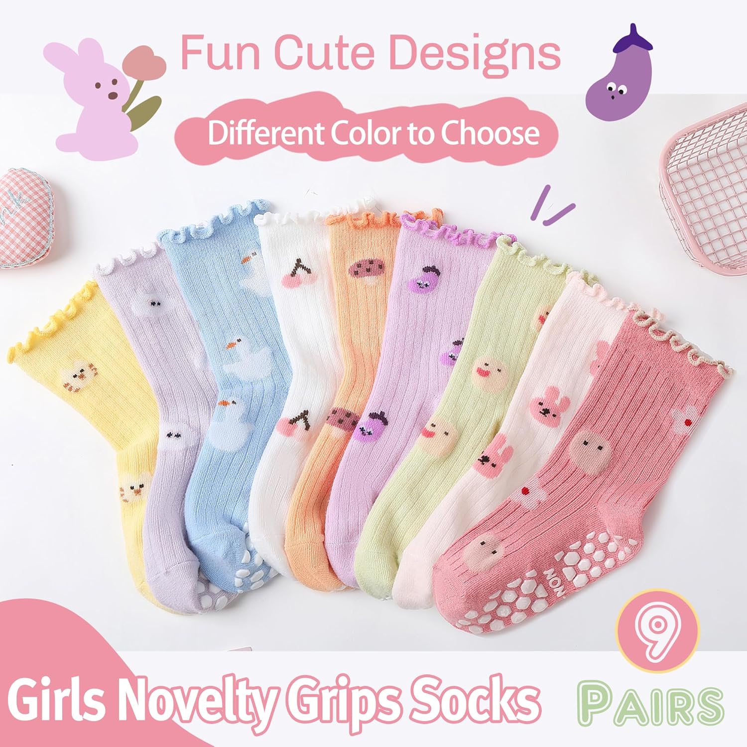 Baby Girls Toddlers Ruffle Grip Socks for Kids Non Slip Anti Skid Frilly Cute Funny Cotton Crew Grippers Socks 9 Pairs - Image 5