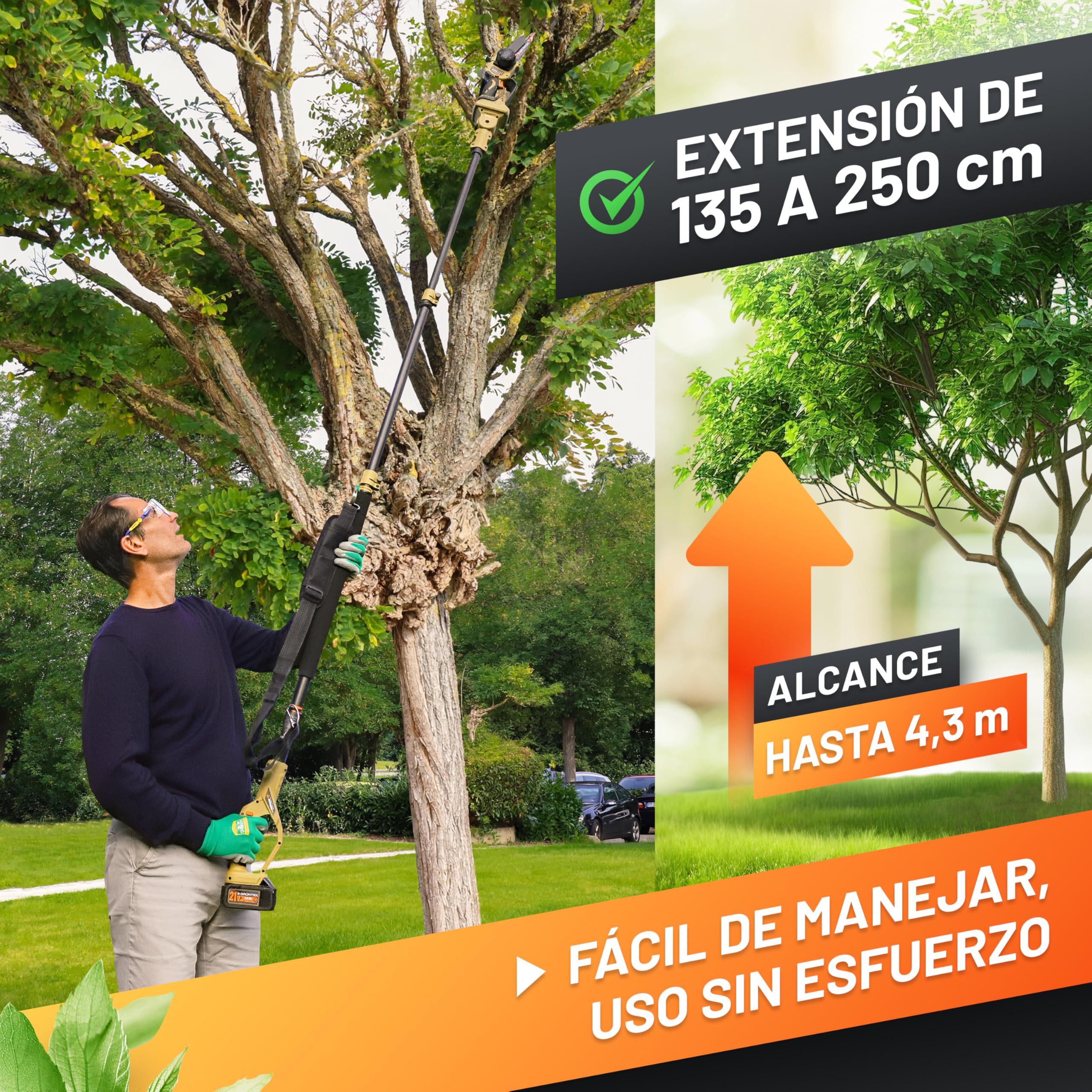 GRÜNTEK Pértiga Telescópica – Mini Motosierra Batería Telescópica y Asta Tijera de Podar Eléctrica (solo GRÜNTEK) – Pertiga Motosierra Eléctrica 135-250 cm para Corte y Poda de Ramas en Altura