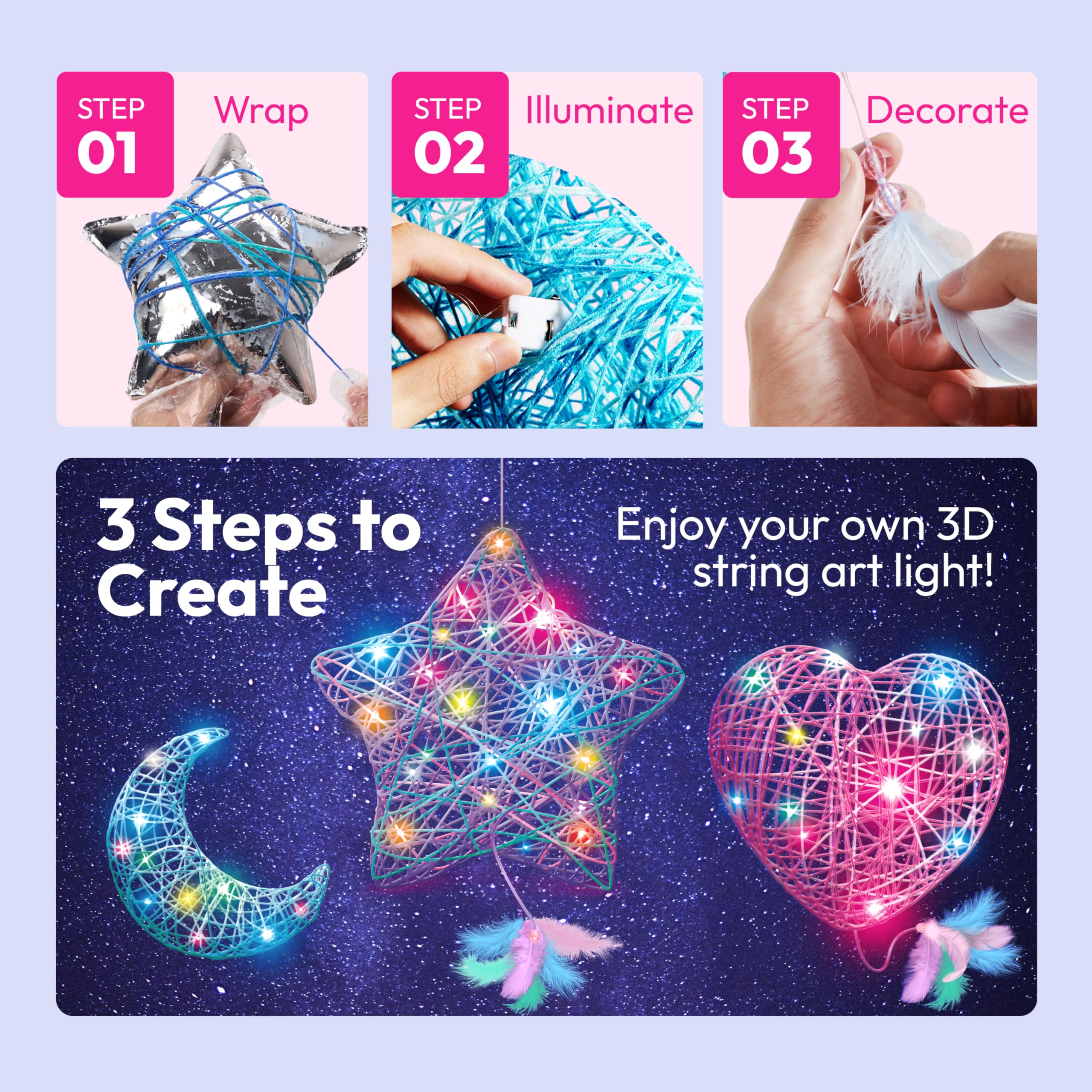 3D String Art Kit for Kids - 63 Pieces Birthday Gifts for Kids with 30 Colourful LED Lights and 6 Balloons - Crafts for Girls and Boys Aged 6-12 Years 1