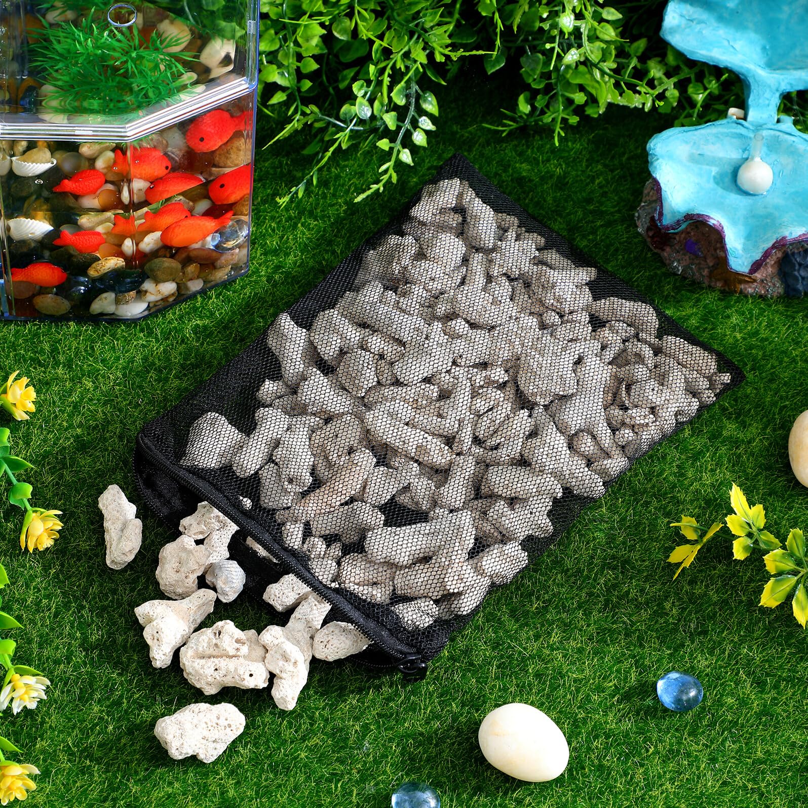 POPETPOP Filtro para Pecera de Coral Natural Triturado 1 Libra Red Negra, Medio Filtrante Reutilizable para Acuarios y Estanques, Material de Filtración Ecológico para Agua Dulce