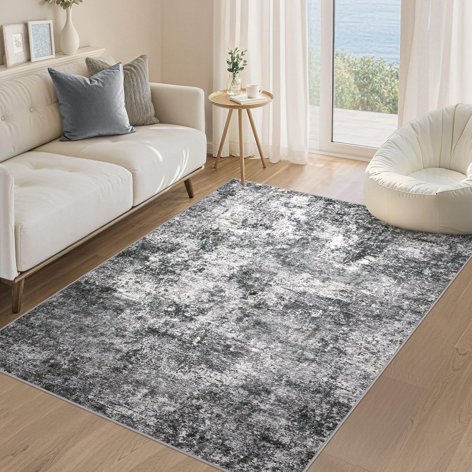 DMOYEST Washable Rugs Living Room 120x170cm - Abstract Neutral Modern Soft Non Slip Low Pile Kid Pet Friendly Carpet for Bedroom Dining Home Office - Grey