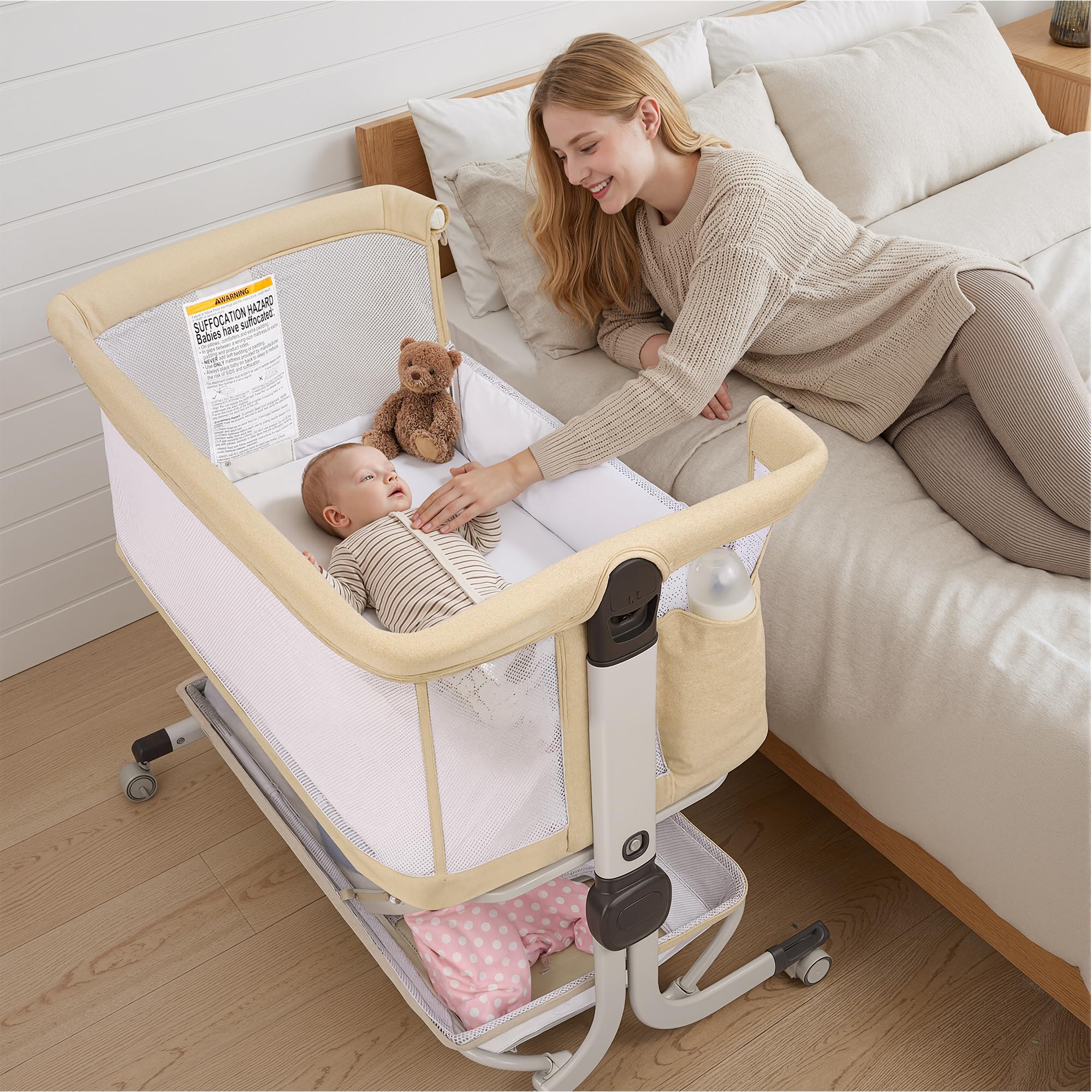 Baby Bassinet, Bedside Sleeper for Newborns Convertible Co-Sleeper Crib with Breathable Mesh, 6-Level Height Adjustment, Built-in Storage, Foldable