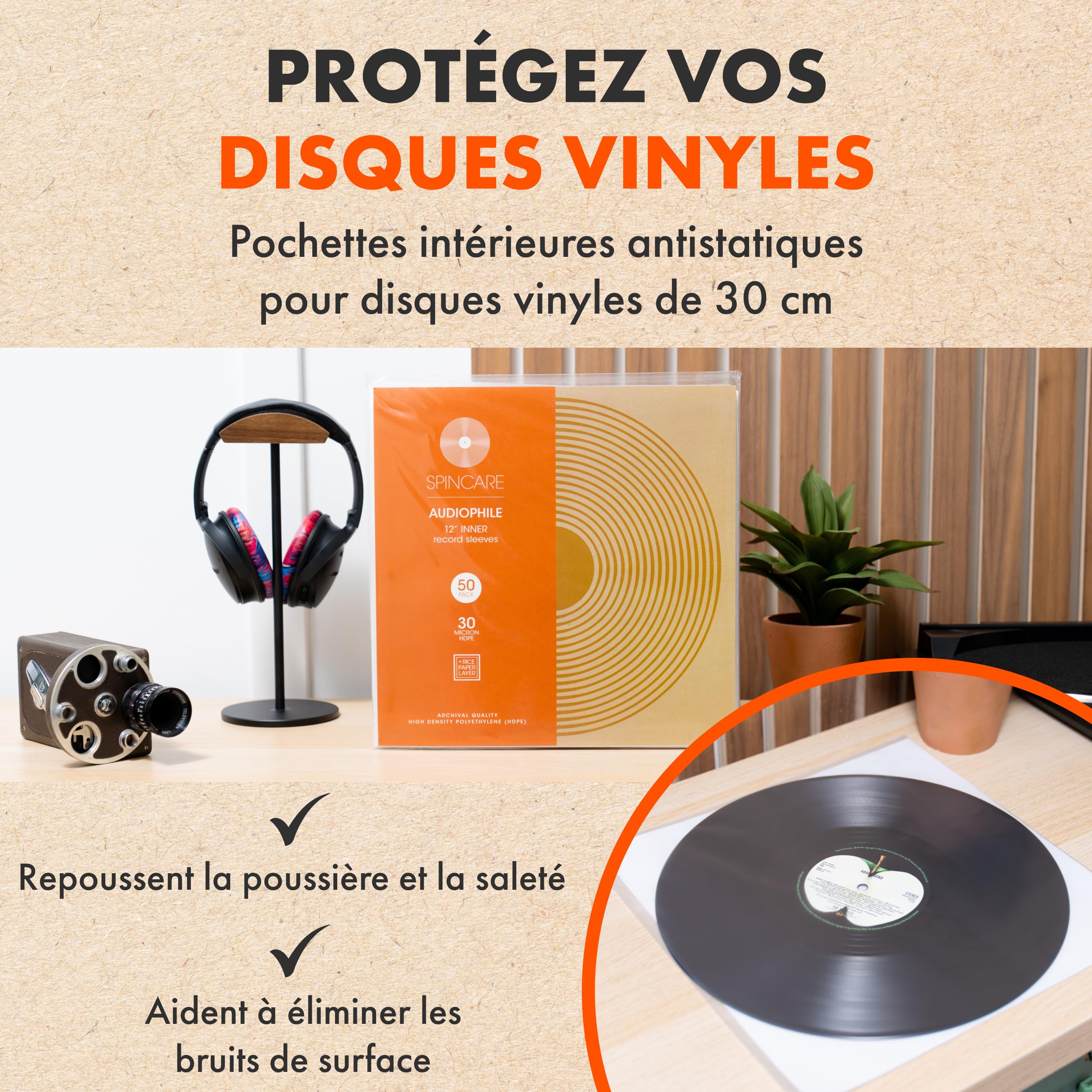SPINCARE 100x Pochettes Protection Antistatique Intérieures Vinyle 33 Tours LP | Audiophile 33t 12" Qualité D'archivage Triple Couche Pochette | pour Remplacer Les Poches en Papier Et en Carton