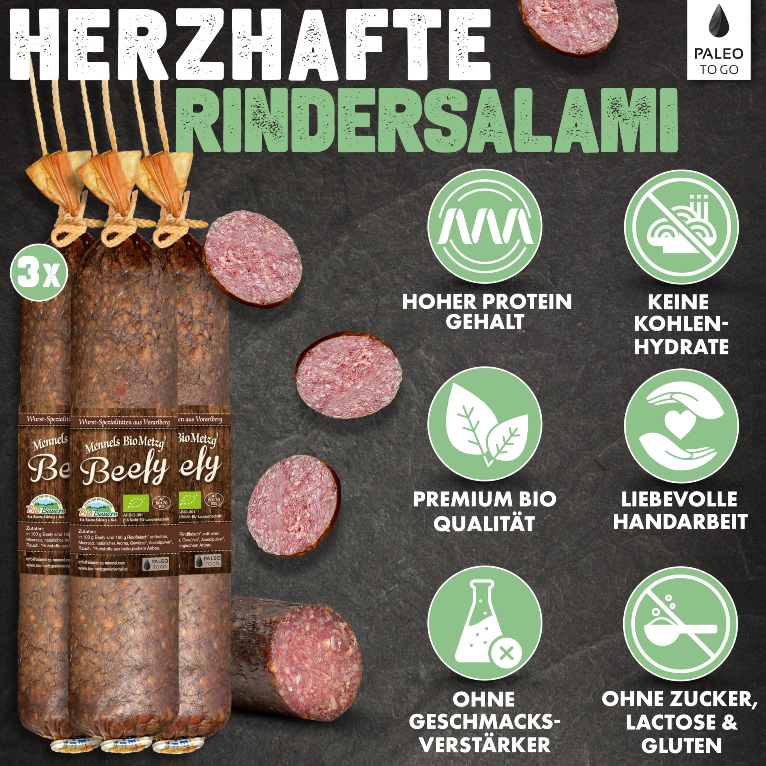 PALEO TO GO Bio Rind Snack Bundle, Rind Kaminwurzen, Beefy Salami und Beef Jerky aus Bio Rindfleisch, High Protein, Low Carb, zuckerfrei, glutenfrei, luftgetrocknet und ohne Konservierungsstoffe