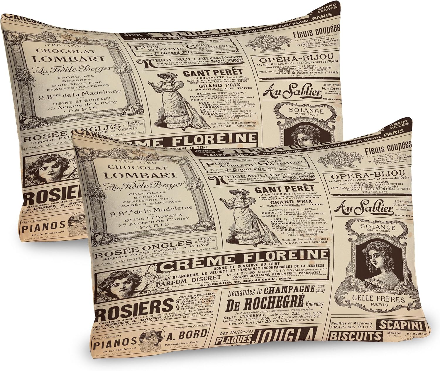 Ambesonne Paris Pillow Sham Set of 2, Vintage Old Historic Newspaper Journal French Paper Lettering Art Design, Quality Microfiber Bedding Item for All Seasons, 30" x 20", Brown Caramel