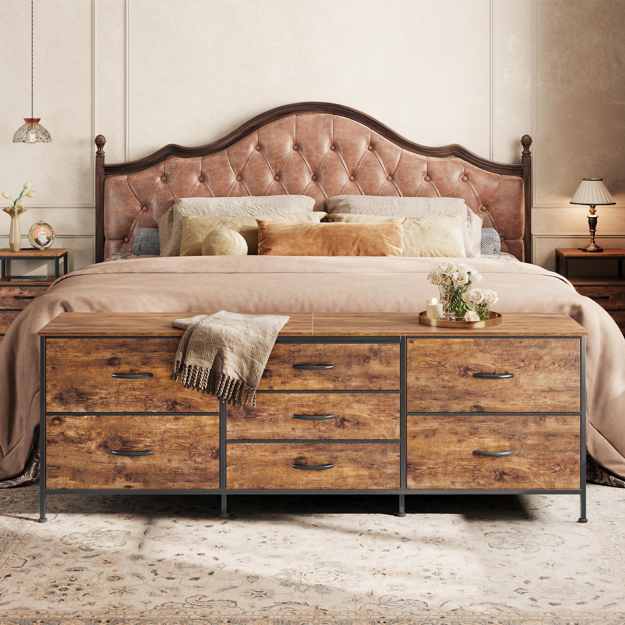 Kommode Mit 7 Stoffschubladen & TV-Ablage, 63 Zoll (160 Cm) Lang, Rustikal Braun – Für Schlafzimmer, Wohnzimmer Oder Flur