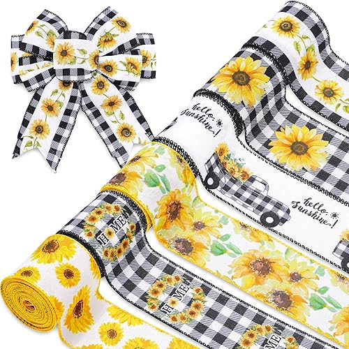 Whaline Cinta de borde con alambre de girasol de 36 yardas, 6 rollos de 2.5 pulgadas, cinta de tela de flores de búfalo para primavera, verano,