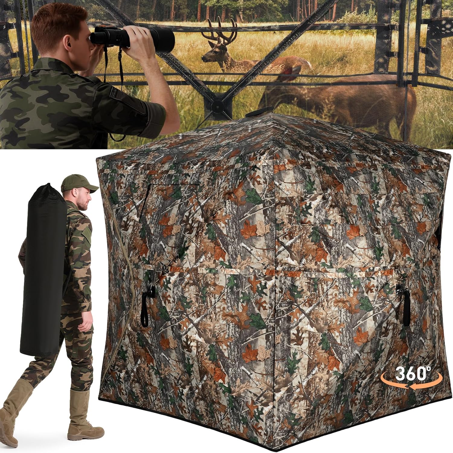 hunting blind with carrying bag, 270/360 degree see through, 2-3 & 3-4 person pop up ground blinds, 300d portable concealed hunting tent for deer and turkey camouflage (360° 2-3 person?