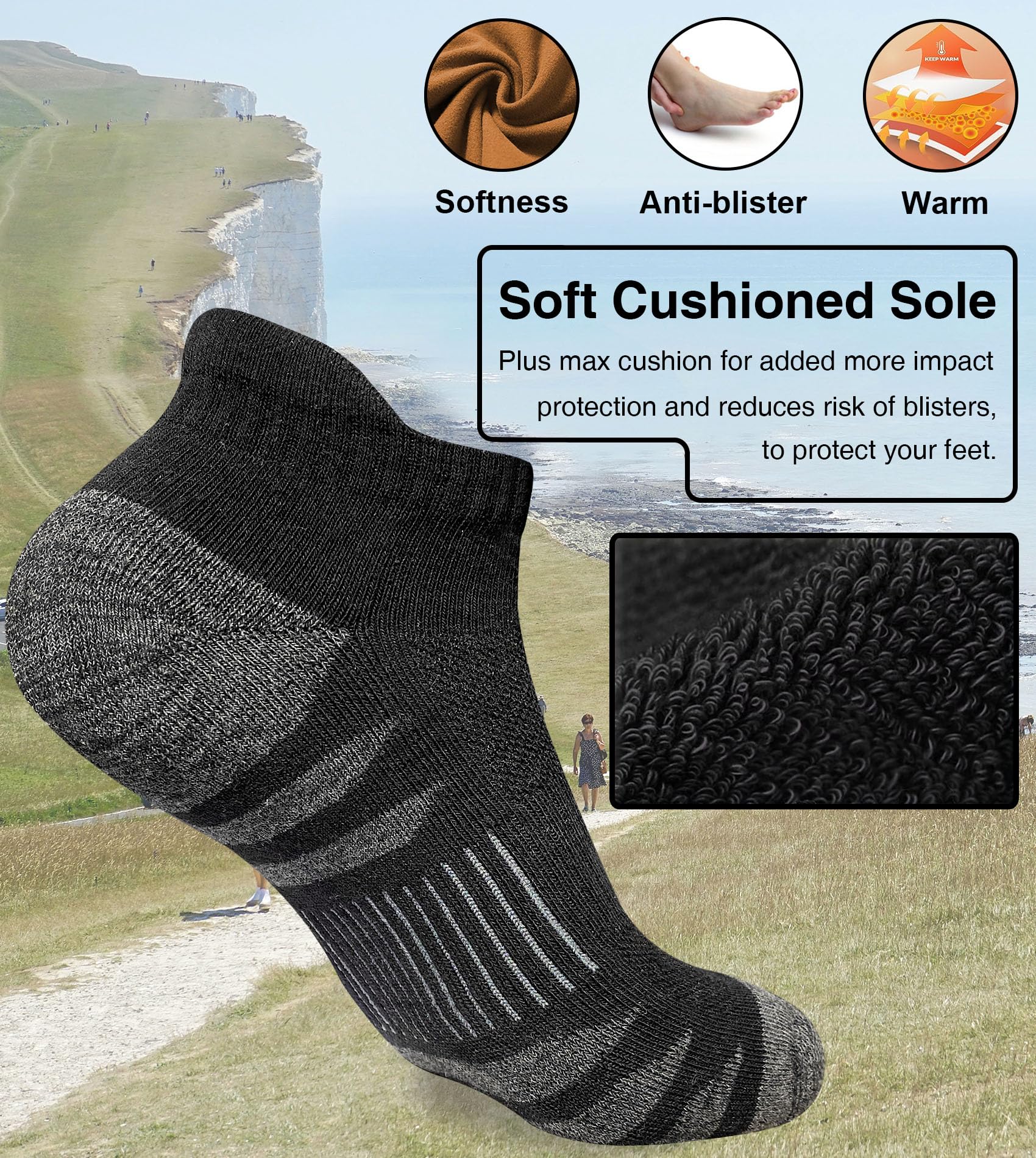 Heyoboy Sportliche gepolsterte Baumwollsocken für Herren, Anti-Blasen, feuchtigkeitsableitend, atmungsaktiv, Laufsocken, 5 Paar