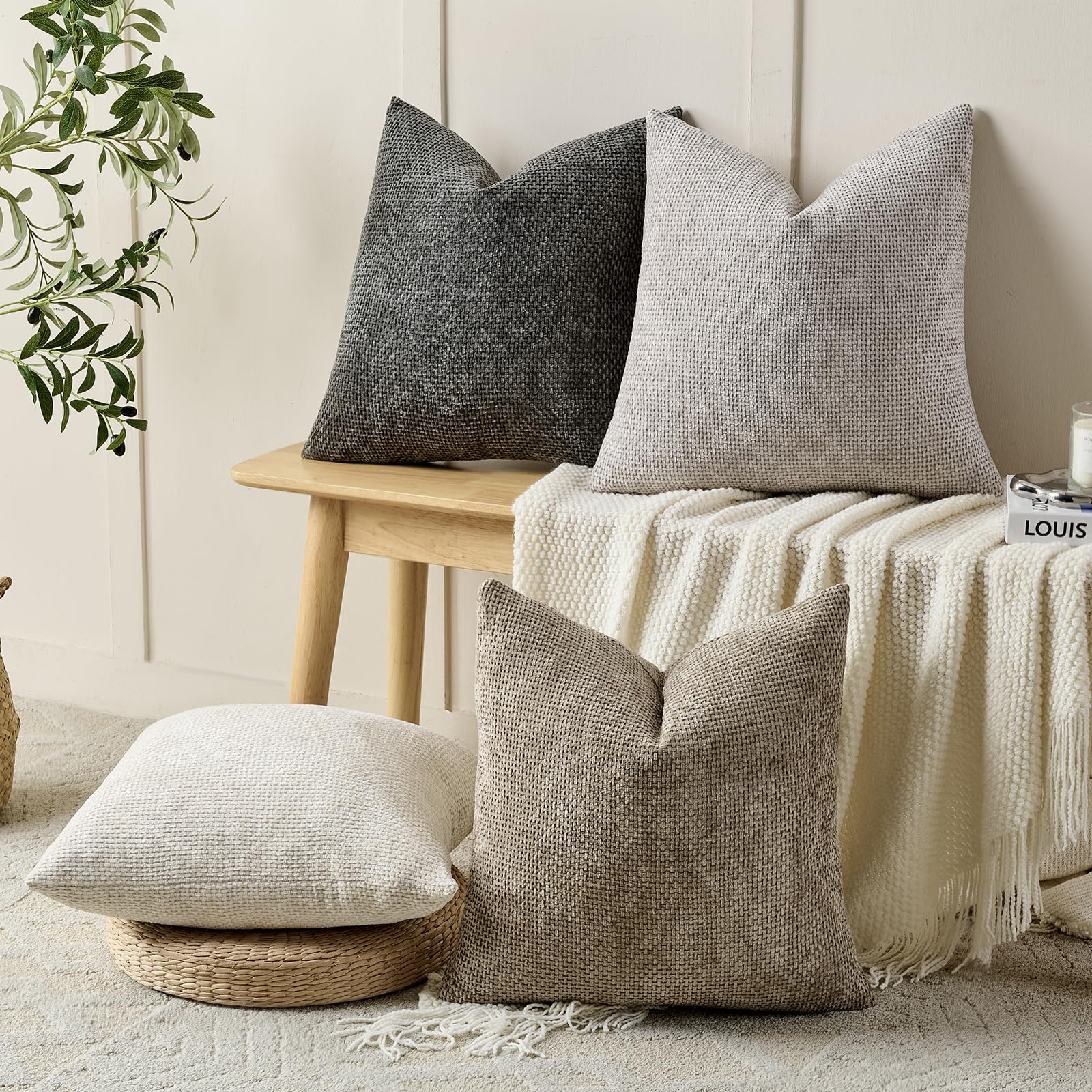 Volcanics Neutral Cushion Covers 45cm x 45cm Set of 4, Chenille Decorative Pillow Cases for Couch Sofa, Bedroom, Living Room - Image 3