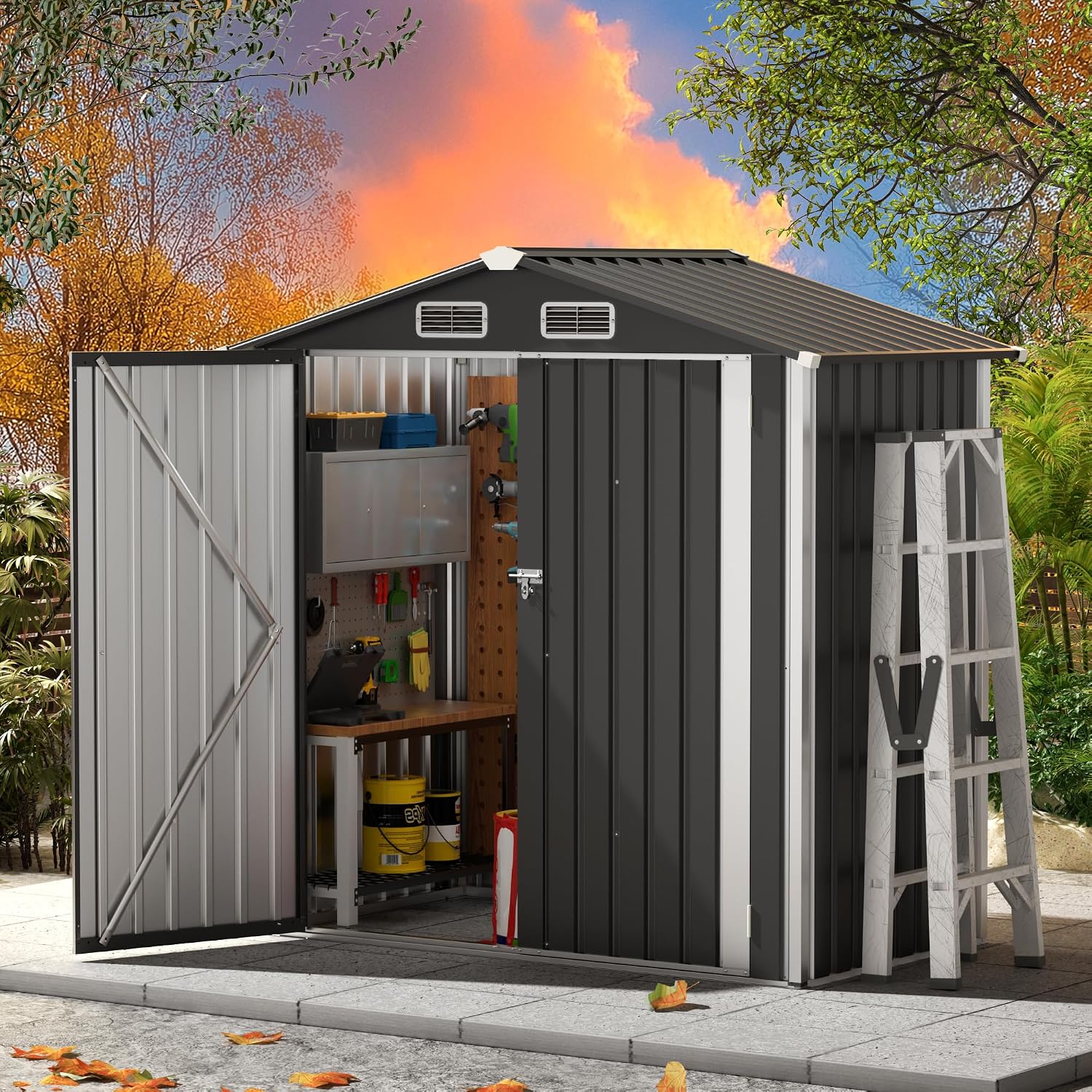 Metal Storage Shed & Outdoor Storage, Outdoor Steel Storages Shed with Sloping Roof, Utility and Tool Garden Sheds for Backyard Patio Lawn