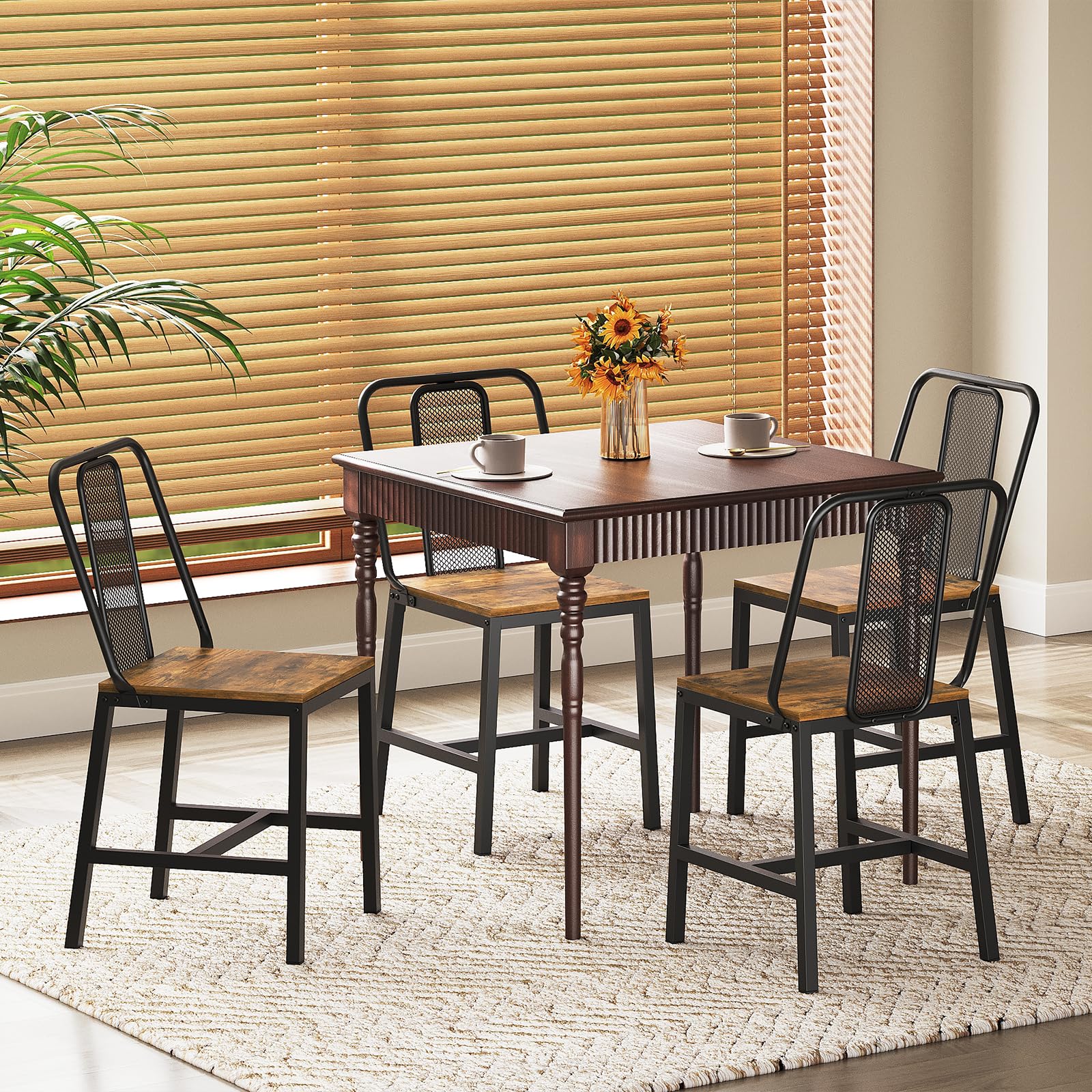 CY01L4BRN1 - Juego de 4 sillas de comedor de madera, sillas de comedor de granja con soporte trasero, para sala de estar, cocina, marrón rústico y negro 2